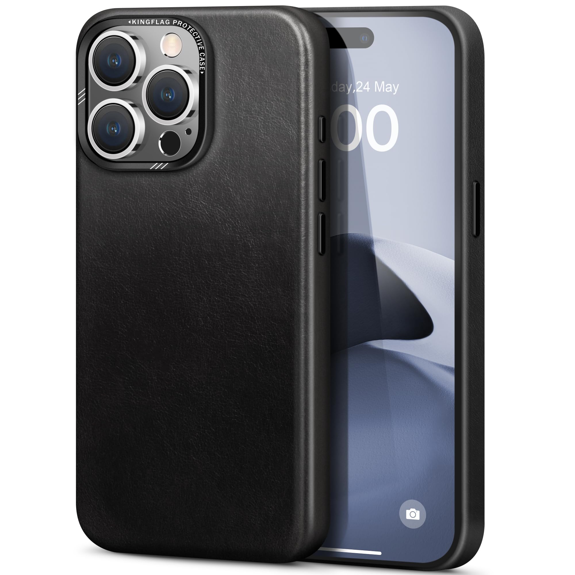 kingflagGenuine Leather Case for iPhone 15 Pro Max | Top-Grain Leather | Compatible with MagSafe - Metal Buttons & Camera Bezel Coal Black