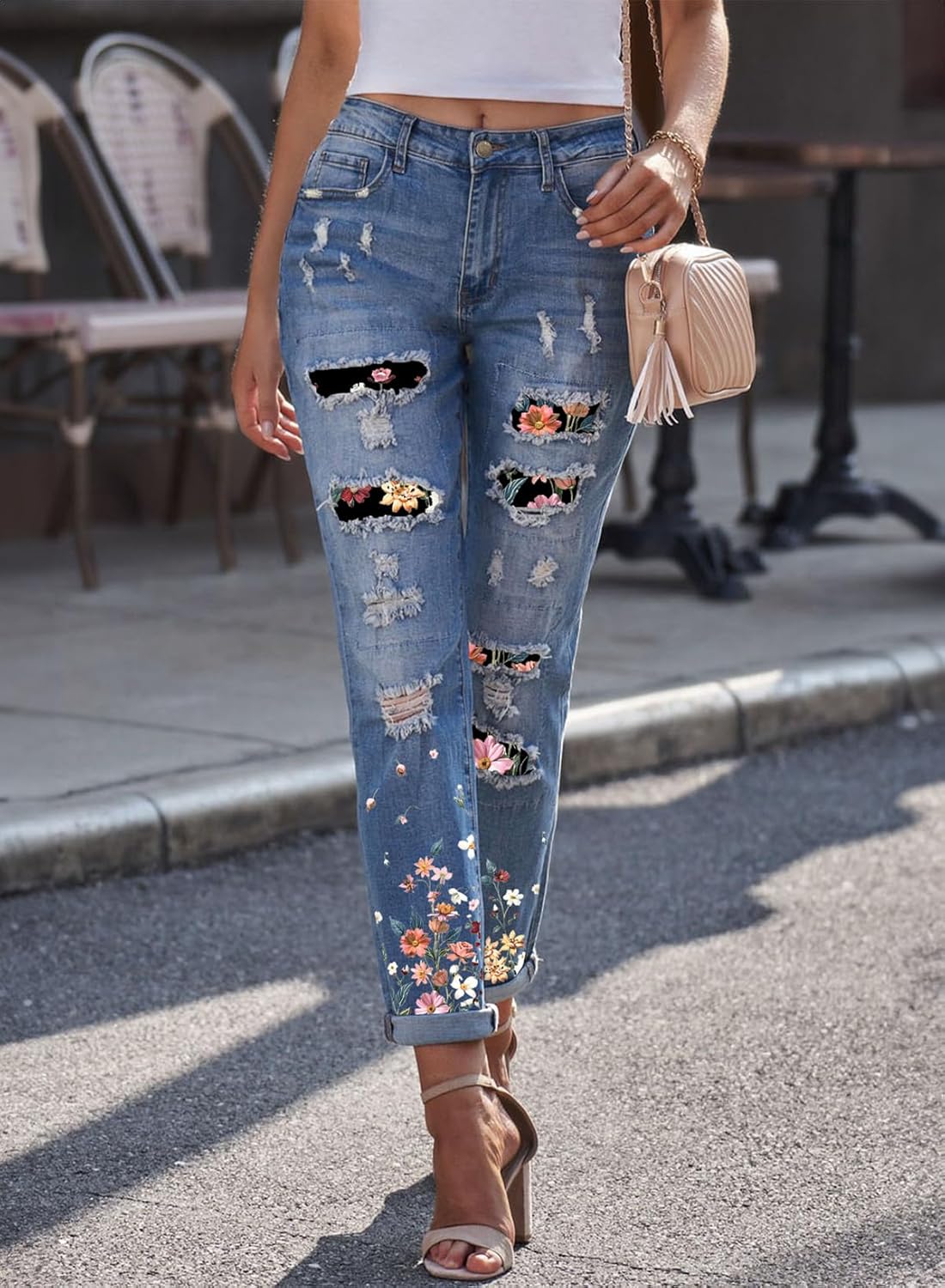 EVALESS Ripped Jeans for Women Plaid Patch Boyfriend Skinny Distressed Denim Jean Pants