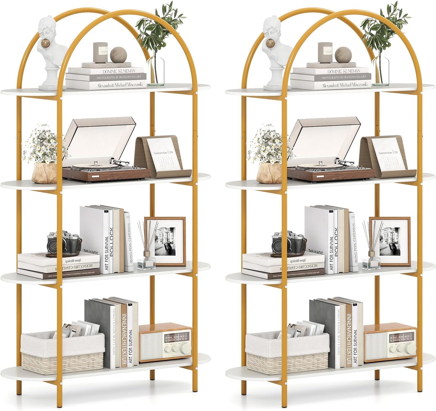 Arched Bookshelf Set of 2, 4-Tier Modern Open Bookcase with Sturdy Metal Frame, Freestanding Display Storage Organizer for Living Room, Home Office and Bedroom, Gold & White