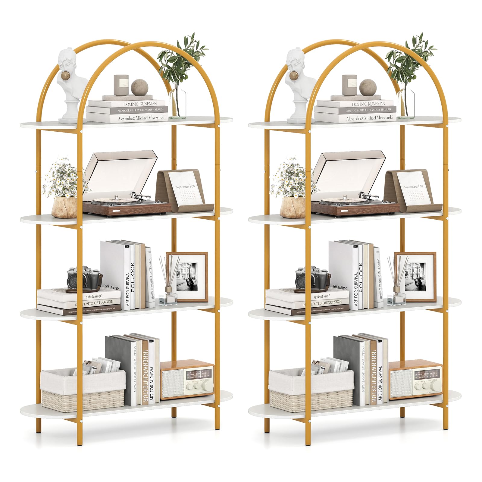 Giantex Arched Bookshelf Set of 2, 4-Tier Modern Open Bookcase with Sturdy Metal Frame, Freestanding Display Storage Organizer for Living Room, Home Office and Bedroom, Gold & White