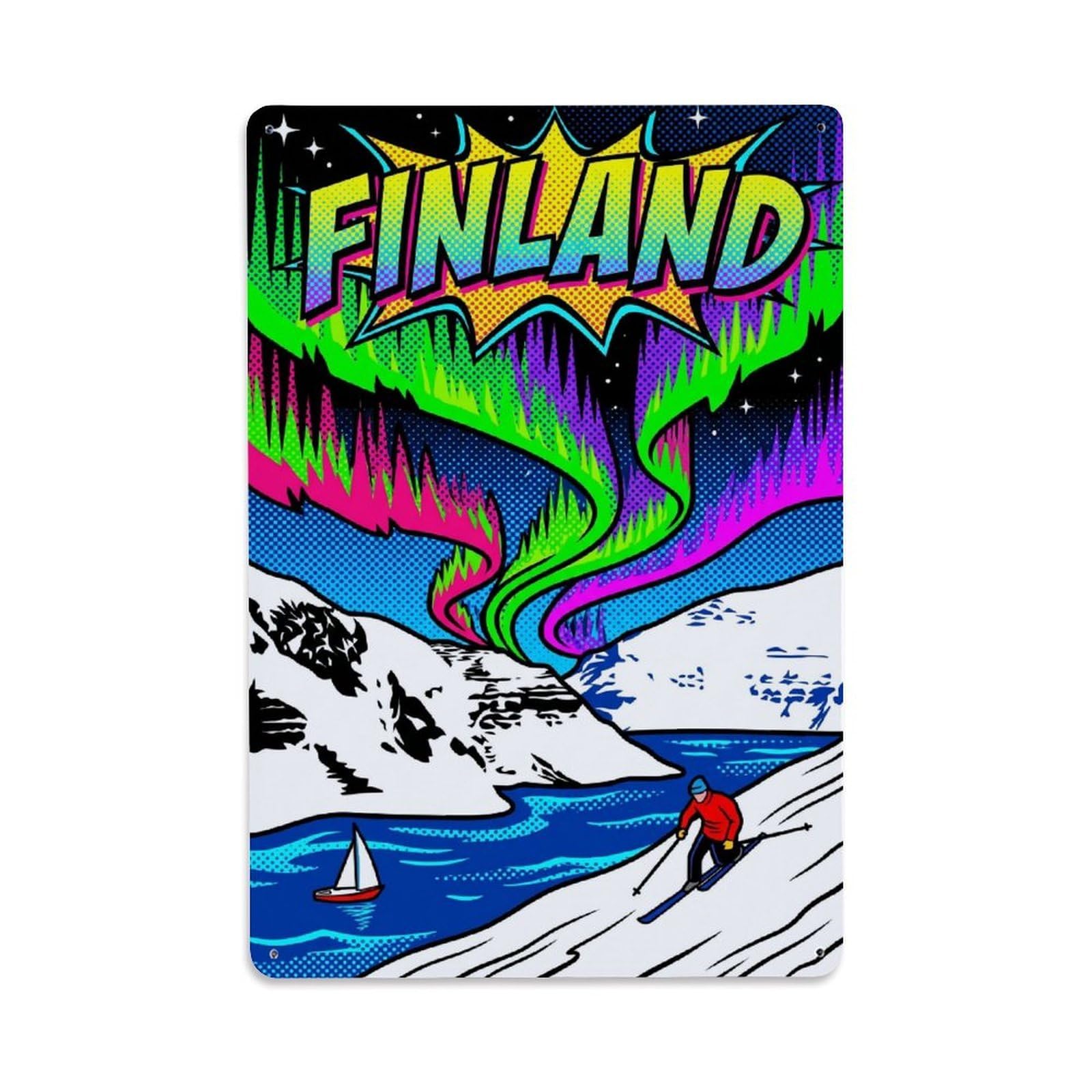 Olhnbad Style Finland Pop Aurora Ski Travel Lapland Winter Metal Tin Sign