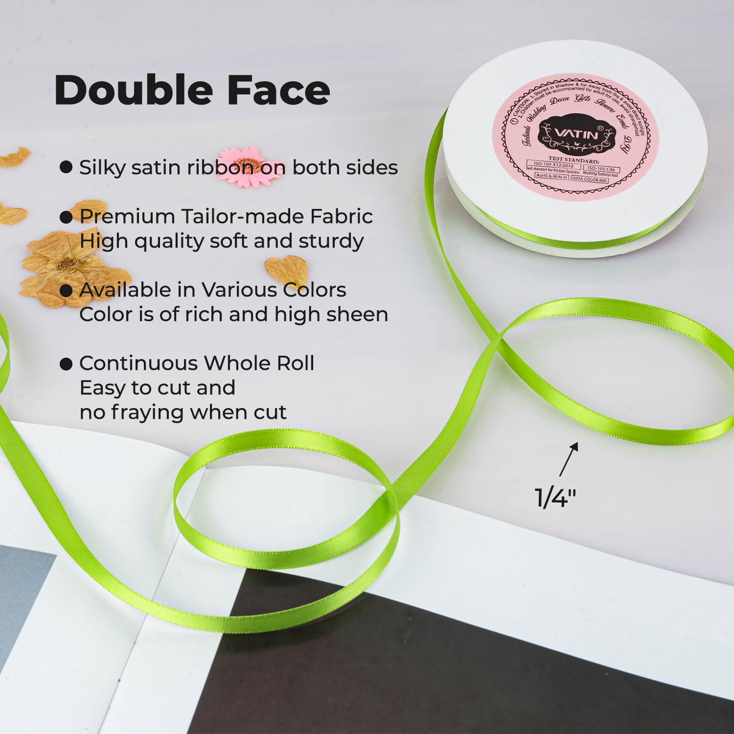 VATIN 6mm Double Faced Apple Green Polyester Satin Ribbon - Image 2