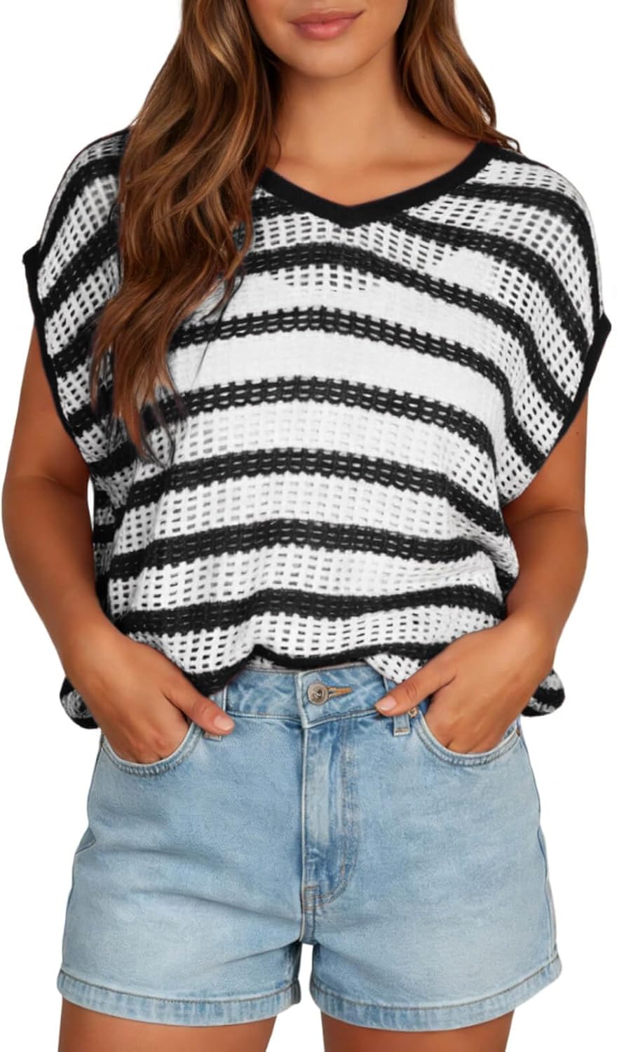 Yousify Womens Summer Crochet Tops Cap Sleeve Knit Pullover Sweater Vest V Neck Cover Ups Beach Vacation Clothes - Image 2