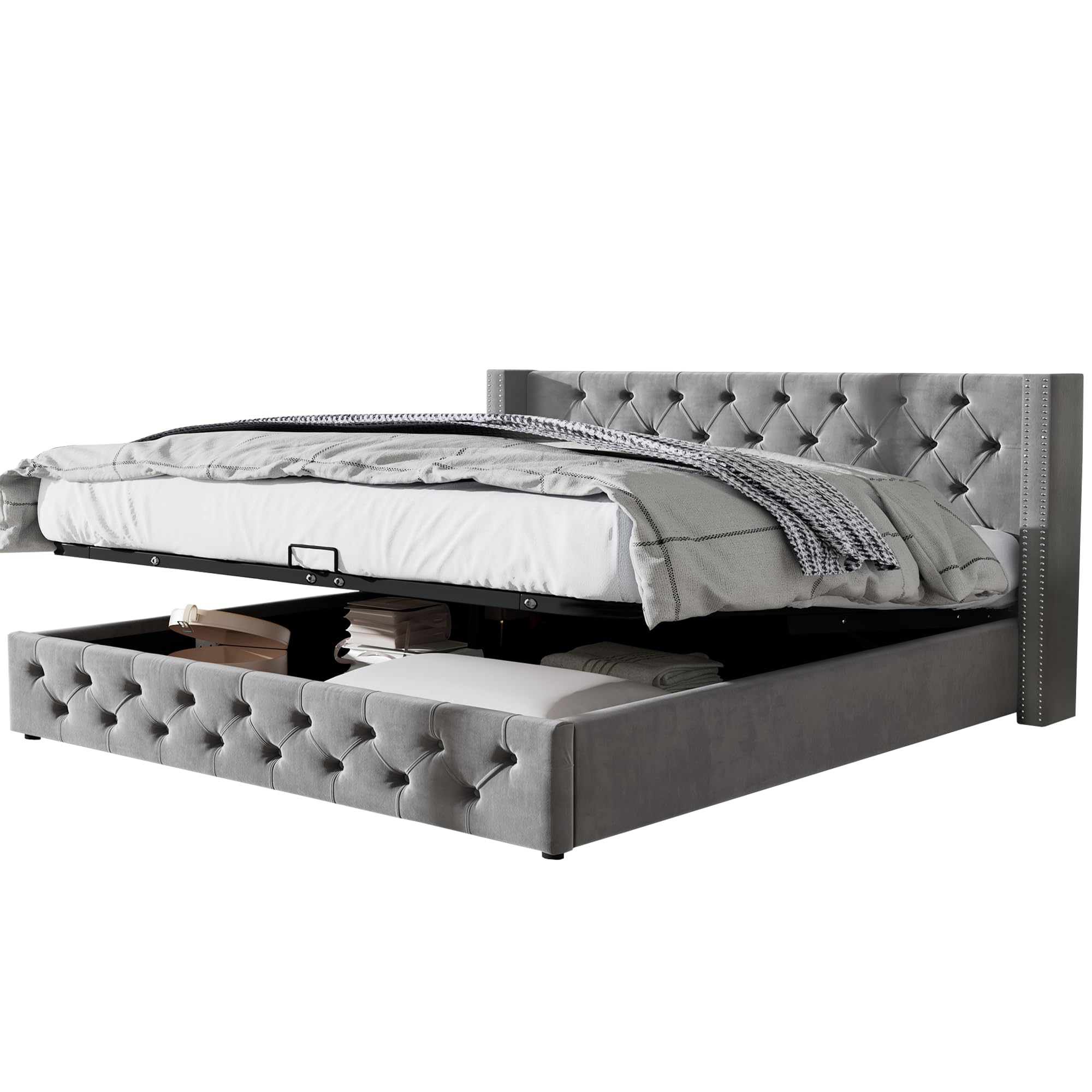 Cama tapizada con forma de oreja, doble fila de remaches, costuras de botones, cabecero y pie de cama, cama doble 160 x 200 hidráulica, base de cama con tela no tejida negra resistente a la suciedad