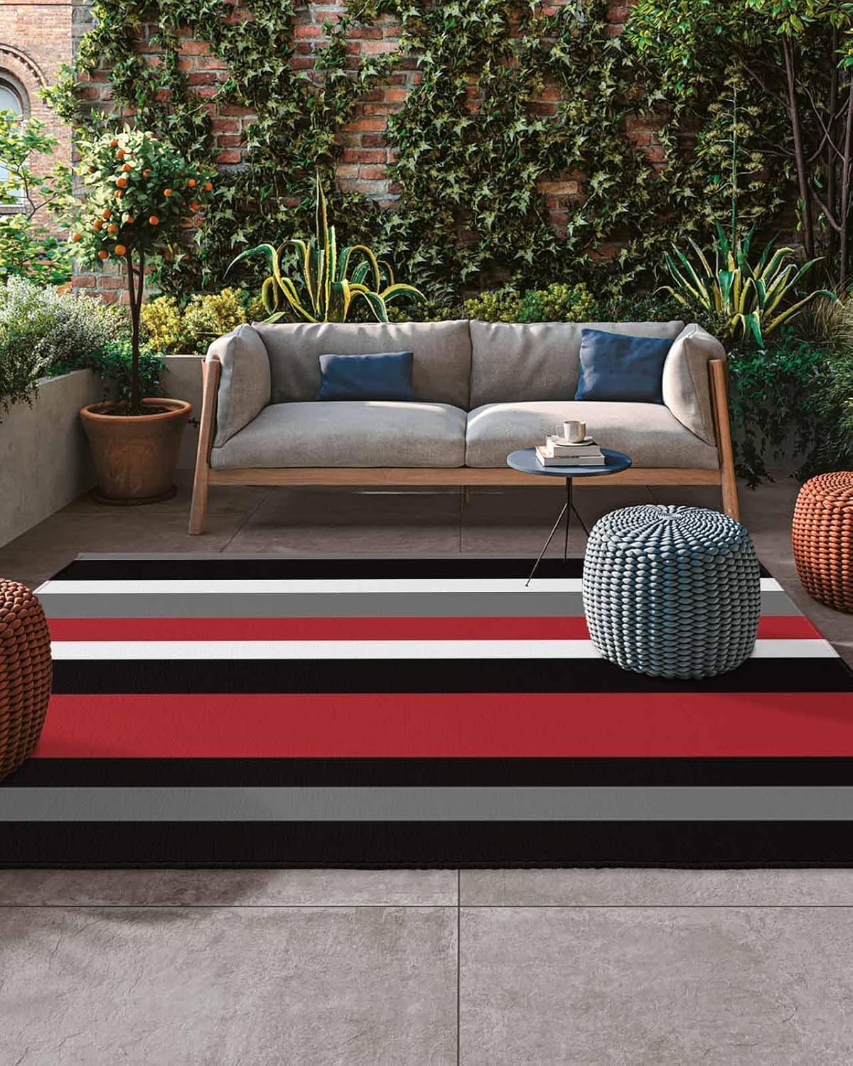 Outdoor Rug,Red Black Gray Stripe Geometric Indoor Area Rug Outdoor Carpet RV Camping Rugs 4x6ft,Modern Line Minimalist Outside Mat for Patio Picnic Porch Deck Balcony Backyard