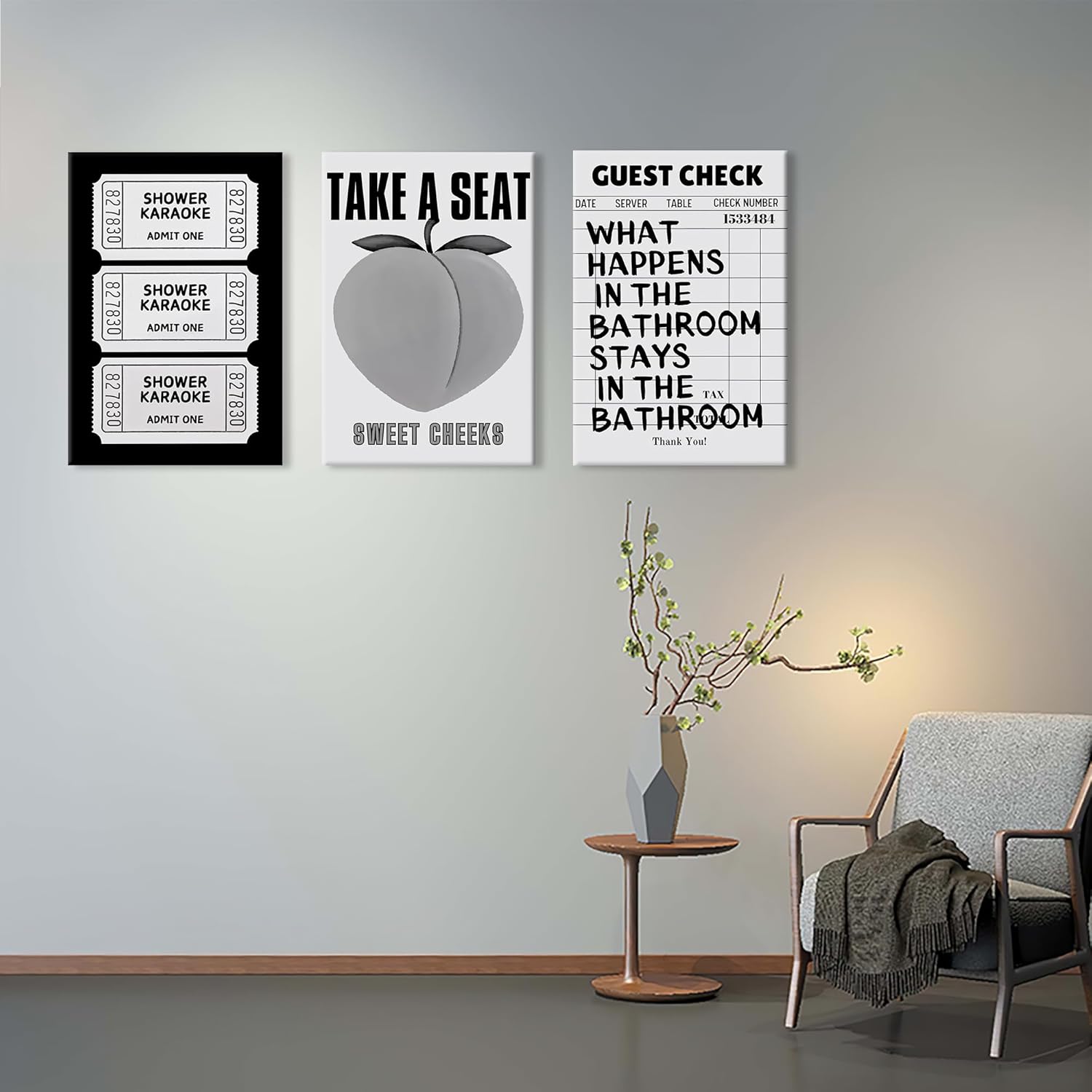 UCRAASDEB Framed Trendy Black and White Peach Bathroom Wall Art Retro Funny Shower Karaoke Ticket Guest Check Poster Prints Wall Decor for Bathroom Washroom Restroom Toilet 16'' x 12''