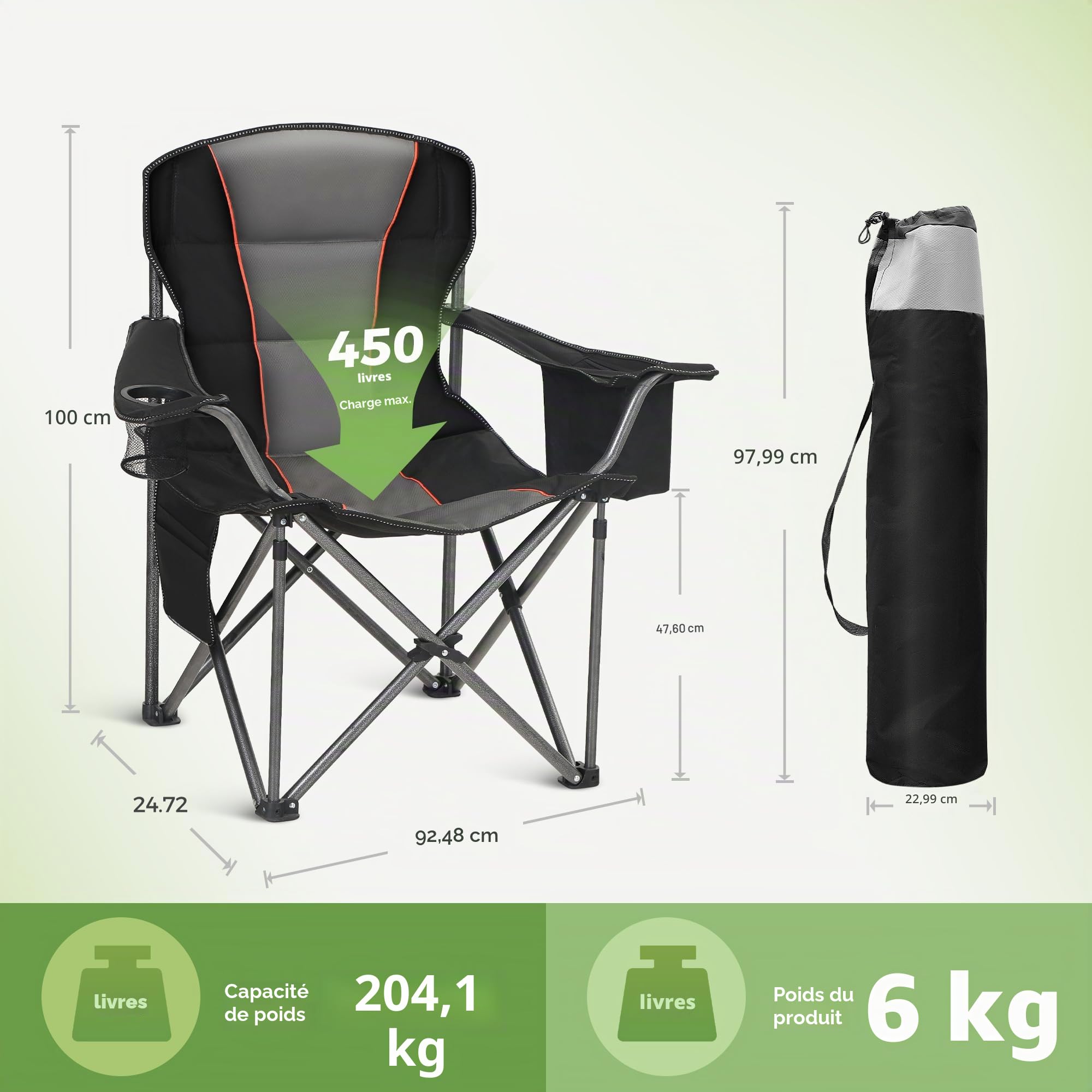 LET'S CAMP Chaise de Camping Pliable surdimensionnée avec Porte-gobelets, Sac Isotherme, Chaise d'extérieur jusqu'à 200 kg
