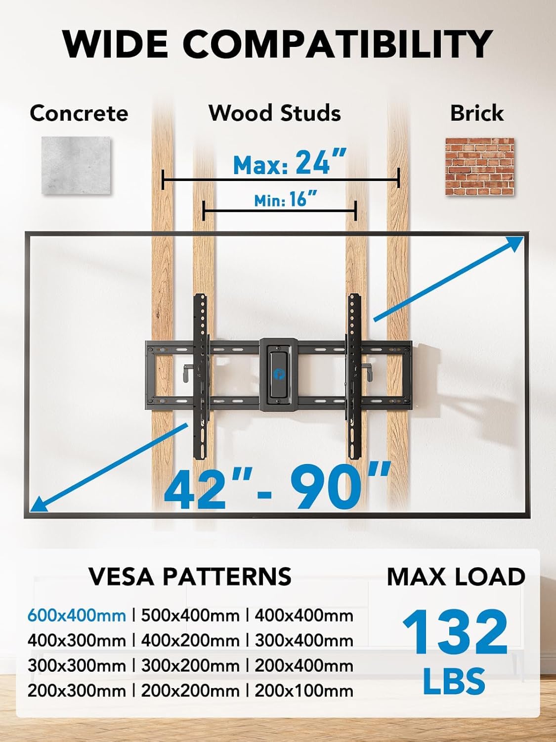 Pipishell Soporte de pared para TV con certificación UL para televisores de 42 a 90 pulgadas de hasta 130 libras, soporte de TV inclinable avanzado con inclinación completa de 15°, extensión de brazo