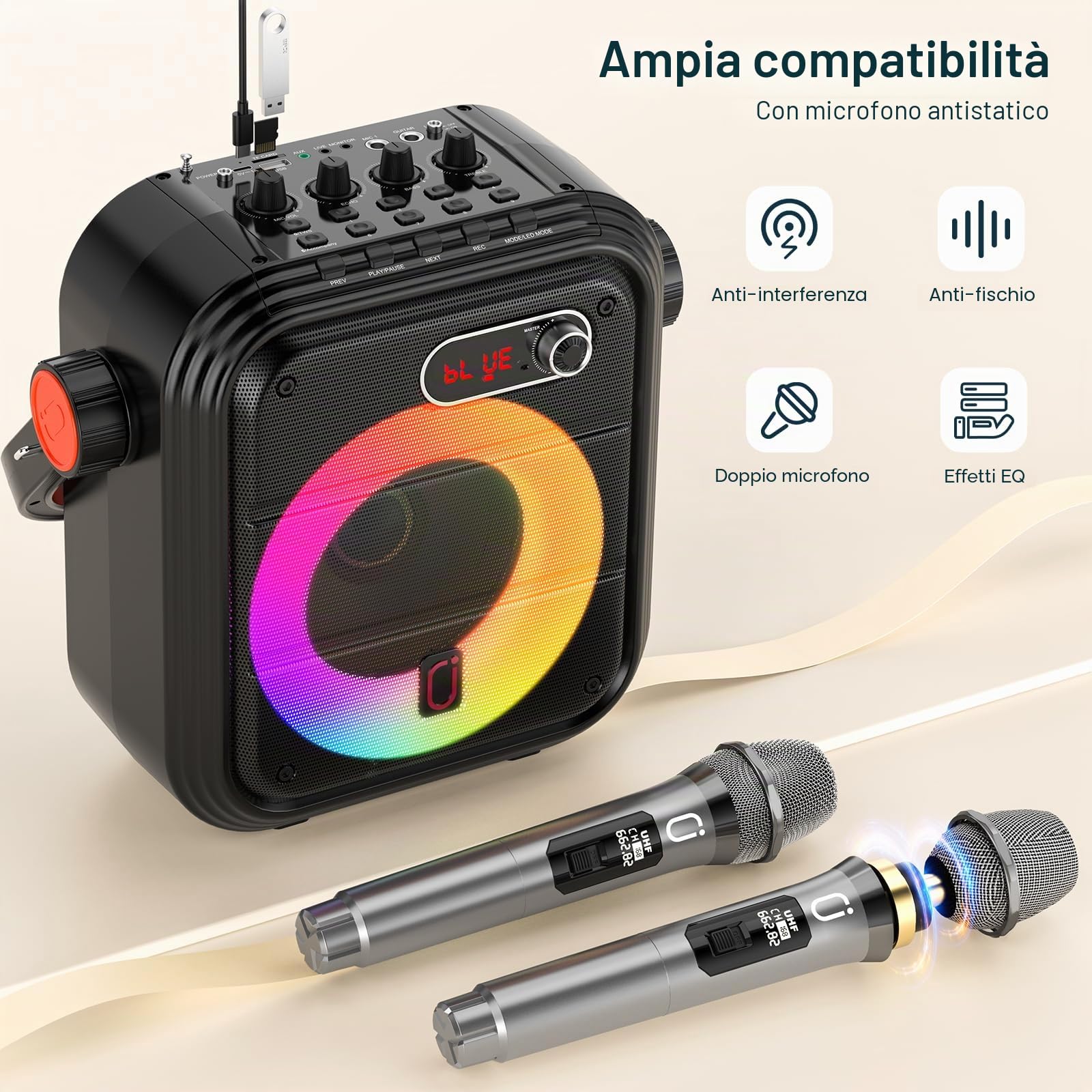 JYX Karaoke con 2 Microfono per la festa in casa, Casse Karaoke Professionale Completo Portatile Altoparlante Supporto Bluetooth/USB/TF/AUX/FM/TWS