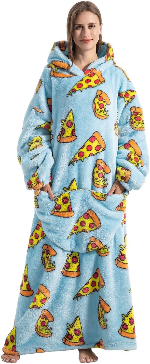 Women Hooded Wearable Blanket Sweatshirt Oversized Fleece Loungewear Print Warm Pajamas with Pocket for Winter Home Lounge