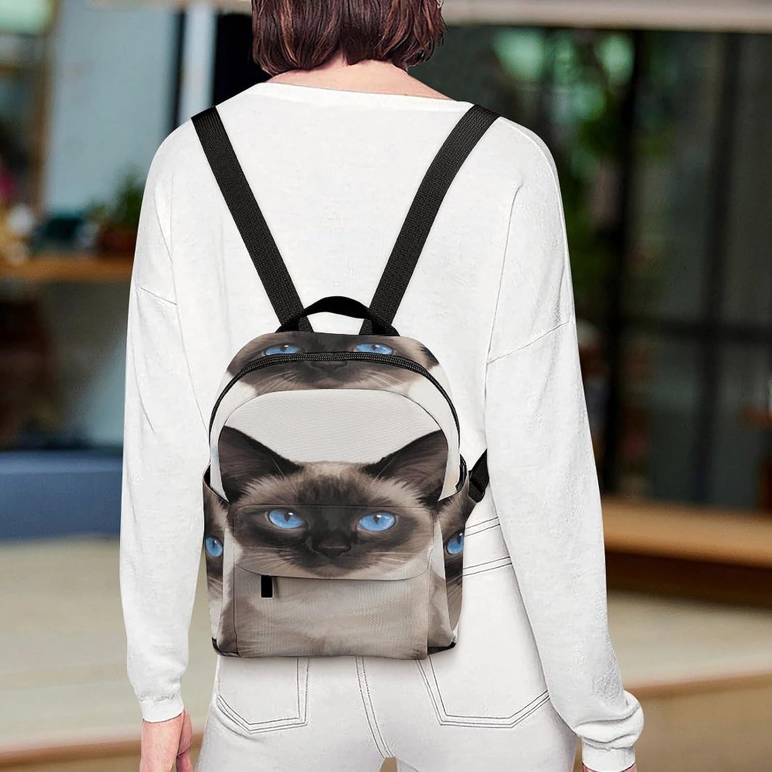 Siamese Cat Art Mini Backpack Purse for Women | Waterproof durable oxford cloth casual daypack, lightweight small rucksack for work travel outdoor camping daily use & gift