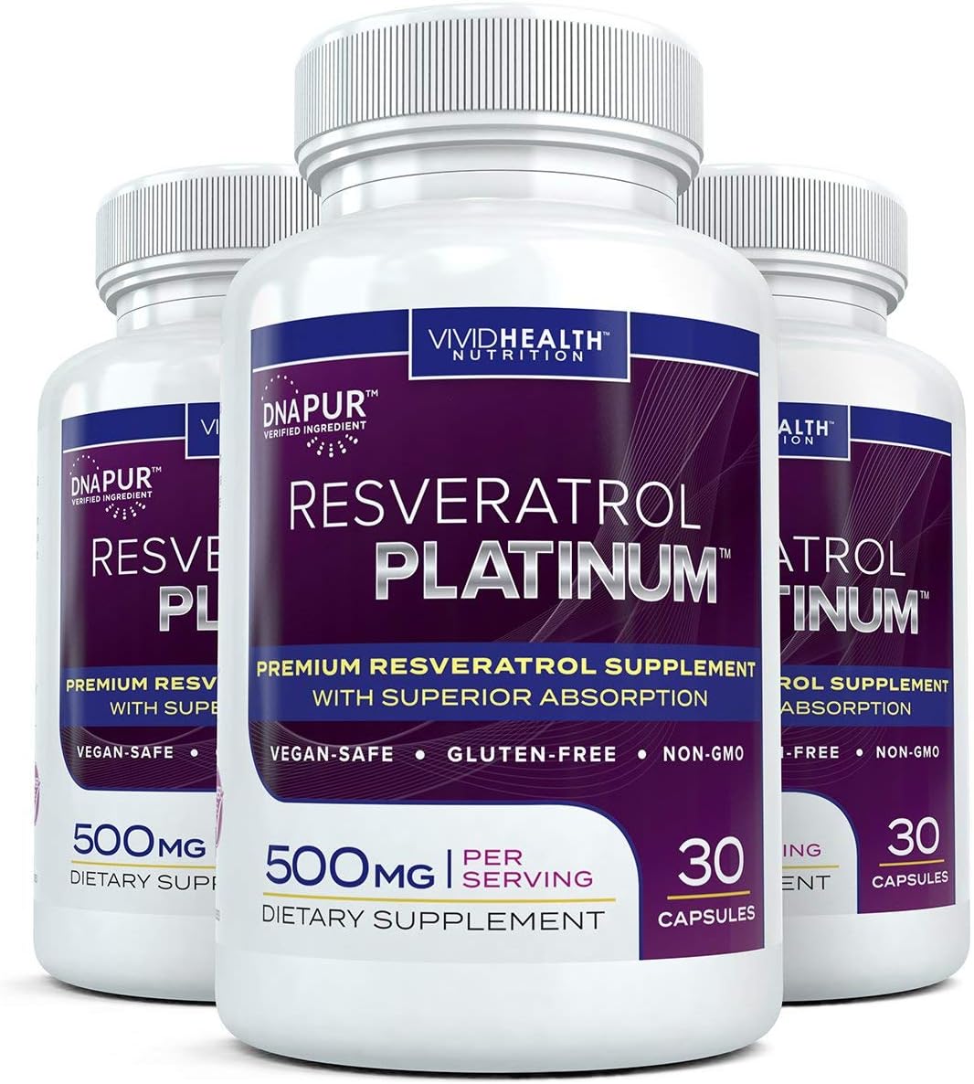 Resveratrol Platinum (3 Bottles) Anti Aging Supplement 500mg | Premium, High Potency Formulation | 30 Capsules Per Bottle