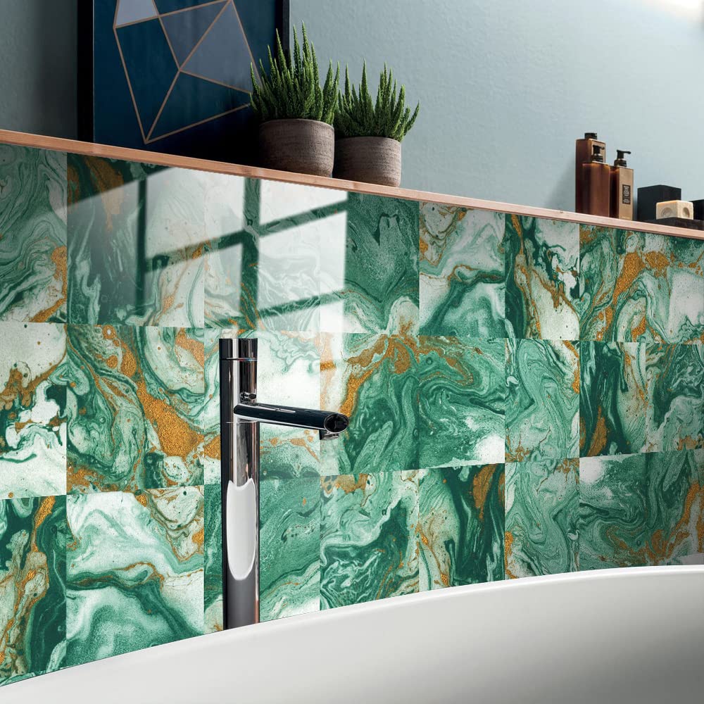 Tile Stickers Golden Emerald Green Bathroom Tile Stickers PVC Stick on Bathroom Tiles Self Adhesive Tiles Kitchen Stick on Tiles Wall Tile Stickers Peel and Stick Floor Tiles 15x15cm/10 pcs