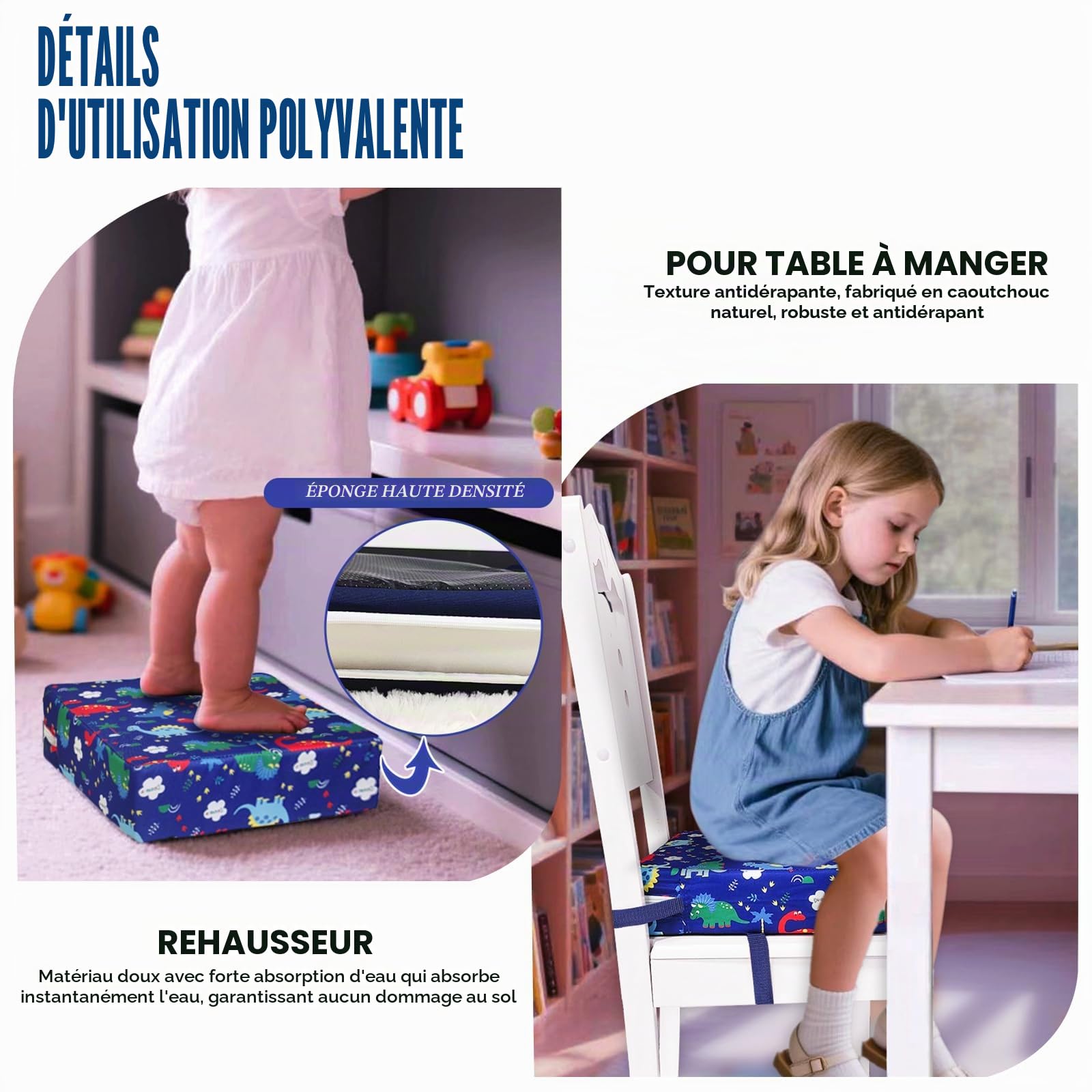 Rehausseur de chaise enfant, 33 x 33 x 8 cm, coussin de siège déperlant, rehausseur de table, rehausseur portable, lavable, réglable, démontable, antidérapant (bleu)