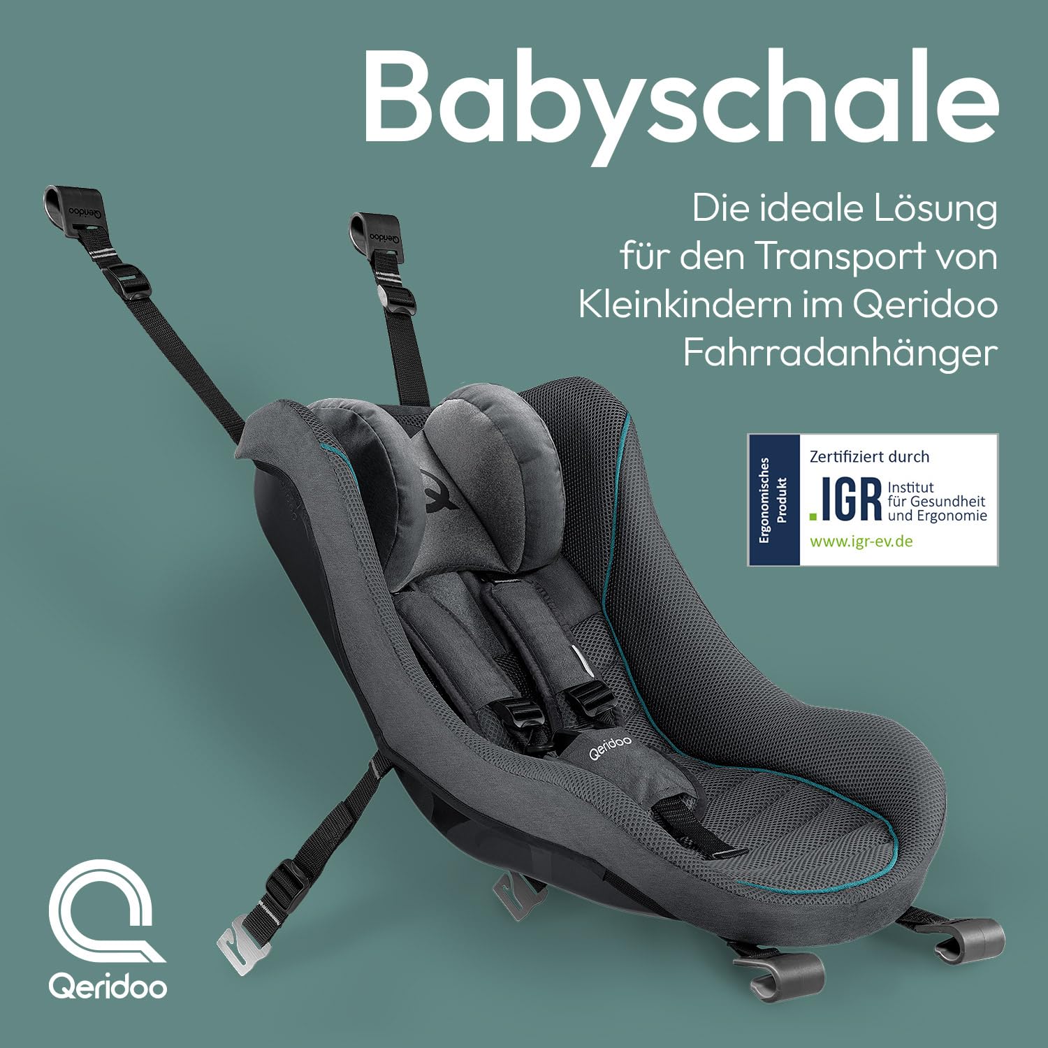 Qeridoo Babyschale dunkelgrau | Sicherheitsschale für Neugeborene im Kinderfahrradanhänger | Ergonomisch, gepolstert & atmungsaktiv | 5-Punkt-Gurt | Für EIN- & Zweisitzer bis 12 kg