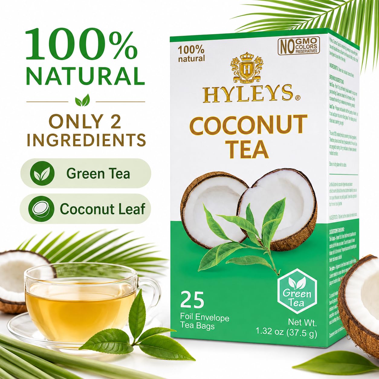 HYLEYS Natürliche Wellness-Kokosnuss mit grünem Tee, 25 Teebeutel (100 % natürlich, gentechnikfrei, glutenfrei, milchfrei, zuckerfrei), 12 Stück