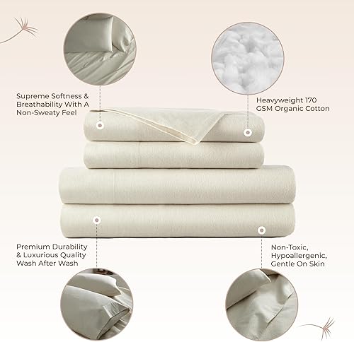 Miniatura 3 de Juego de sábanas de franela 100 % orgánica, tamaño matrimonial, con certificado GOTS, 100% franela de algodón con cómodo acabado cepillado suave y