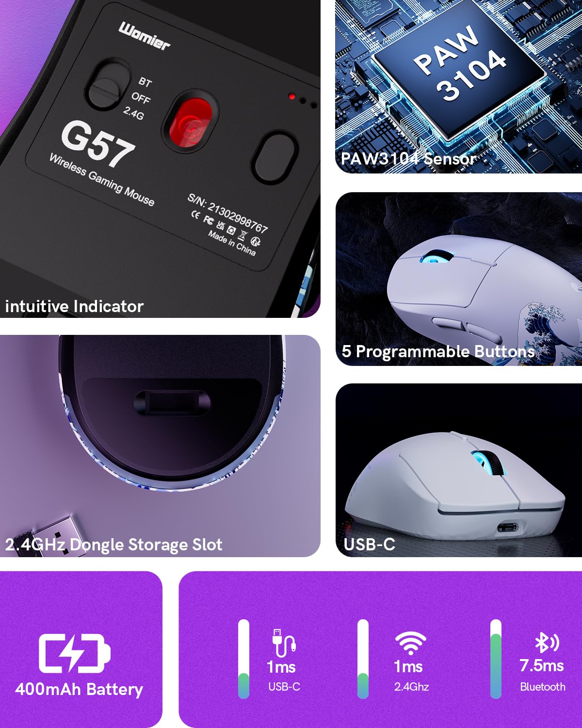 G57 Kabellose Gaming Maus, 8000 DPI 80g 2.4G/Bluetooth/USB-C Wiederaufladbare Kabellose Maus mit 5 Programmierbaren Tasten für PC/Mac, Schwarz
