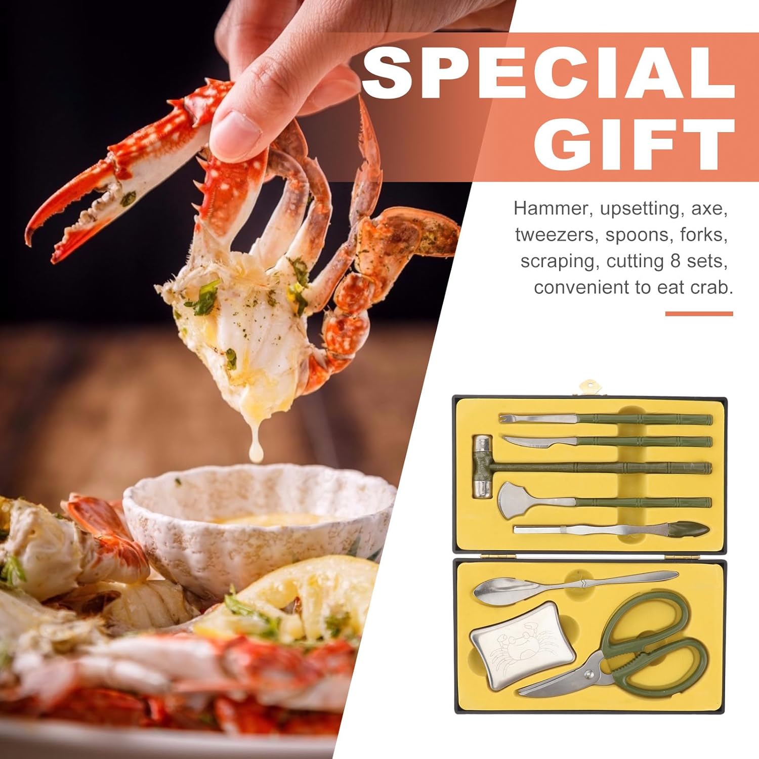 8pcs Stainless Steel Crab Tools Set with Shell Crackers and Forks, Seafood Eating Gadgets for Home Use, Includes Red Wood Storage Box, Sturdy Lobster Shellers and Seafood Scissors