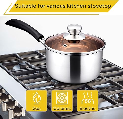 Miniatura 3 de E-far Cacerola con Tapa, Capacidad Máxima 2 Cuartos, Olla de Acero Inoxidable con Tapa de Vidrio para Cocinar, Fácil de Limpiar y Libre de Óxido