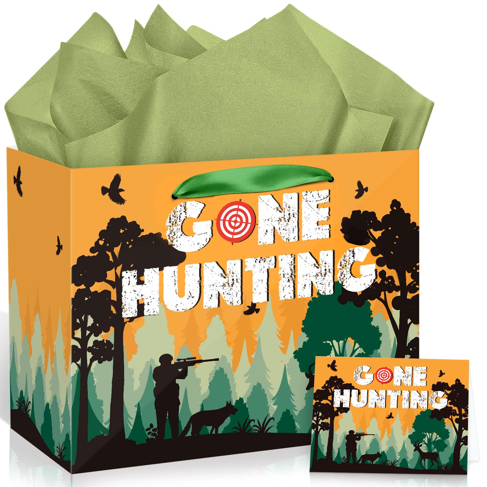 Hunting Birthday Party Supplies Hunting Birthday Gift Bag with Wrapping Paper and Card Large Hunting Birthday Party Wrapping Paper Bag with Handle Oh