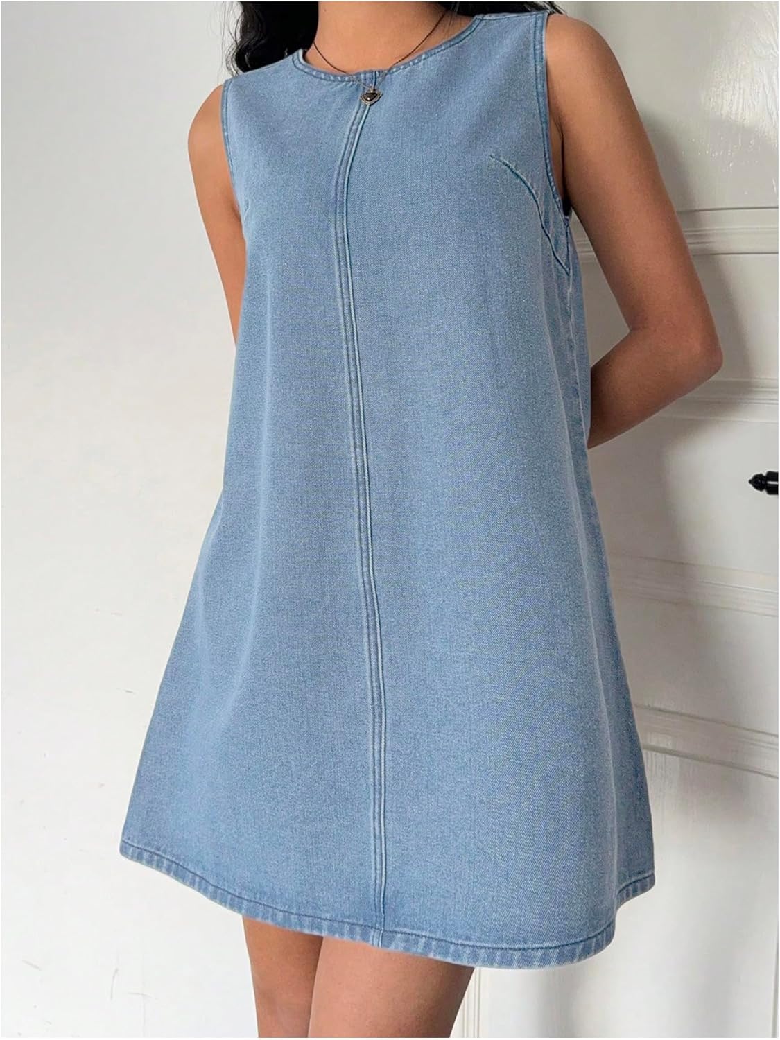 Milumia Women's Bow Tie Back Denim Sundress Crew Neck Sleeveless Flared Short Dresses - Image 4