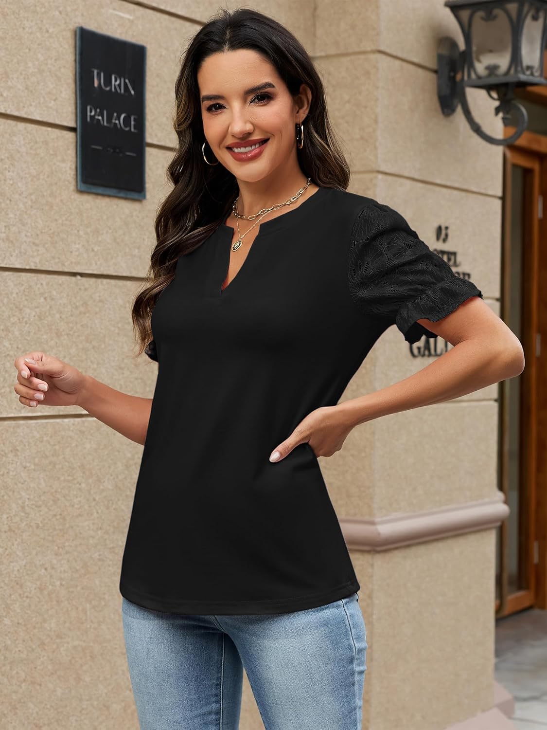 Womens Summer Tops Dressy Casual Puff Short Sleeve Lace Shirts Trendy Business Outfits Work Blouses Clothes - Image 2