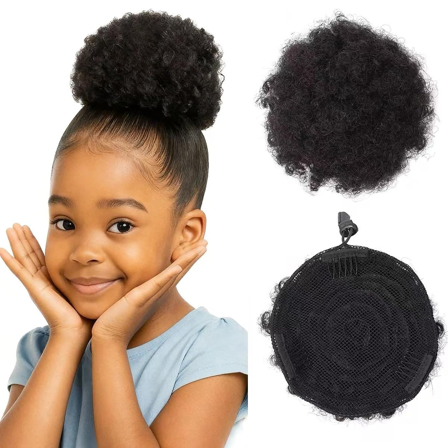 8in Natural Black Voluminous Afro Puff - 100% Human Hair Drawstring Ponytail with 3 Non-Slip Combs | Heat-Resistant Kinky Curly Extension (8in, Natural Black 1B#)