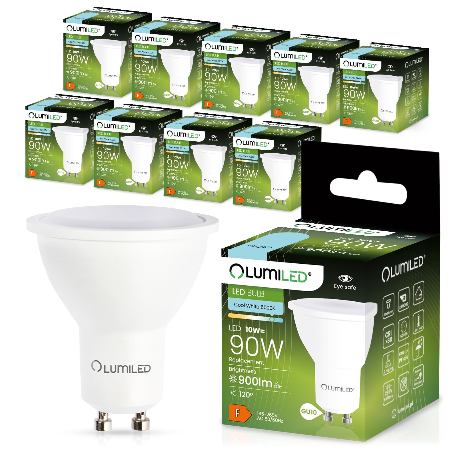 Lumiled GU10 LED, 10W 900 Lumen Leuchtmittel, 6500K kaltweiß Birne Lampe Strahler Spot, ersetzt 90W Halogenlampen, 120° Grad Strahlwinkel Reflektorlampen Reflektor 10 Stück Energiesparlampen