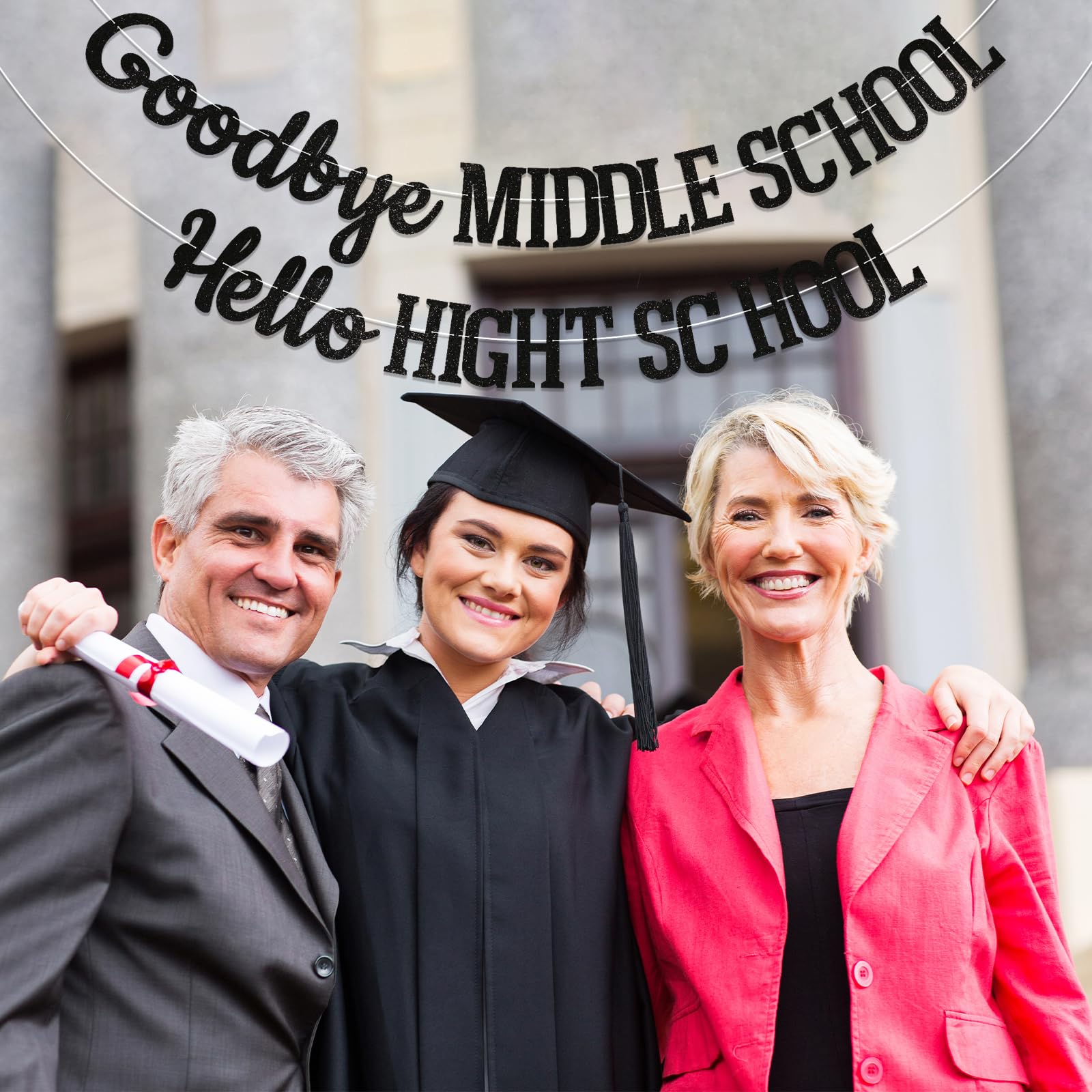 Goodbye Middle School Hello High School Banner - Black Glitter Graduation Party Decor For 8th Grade