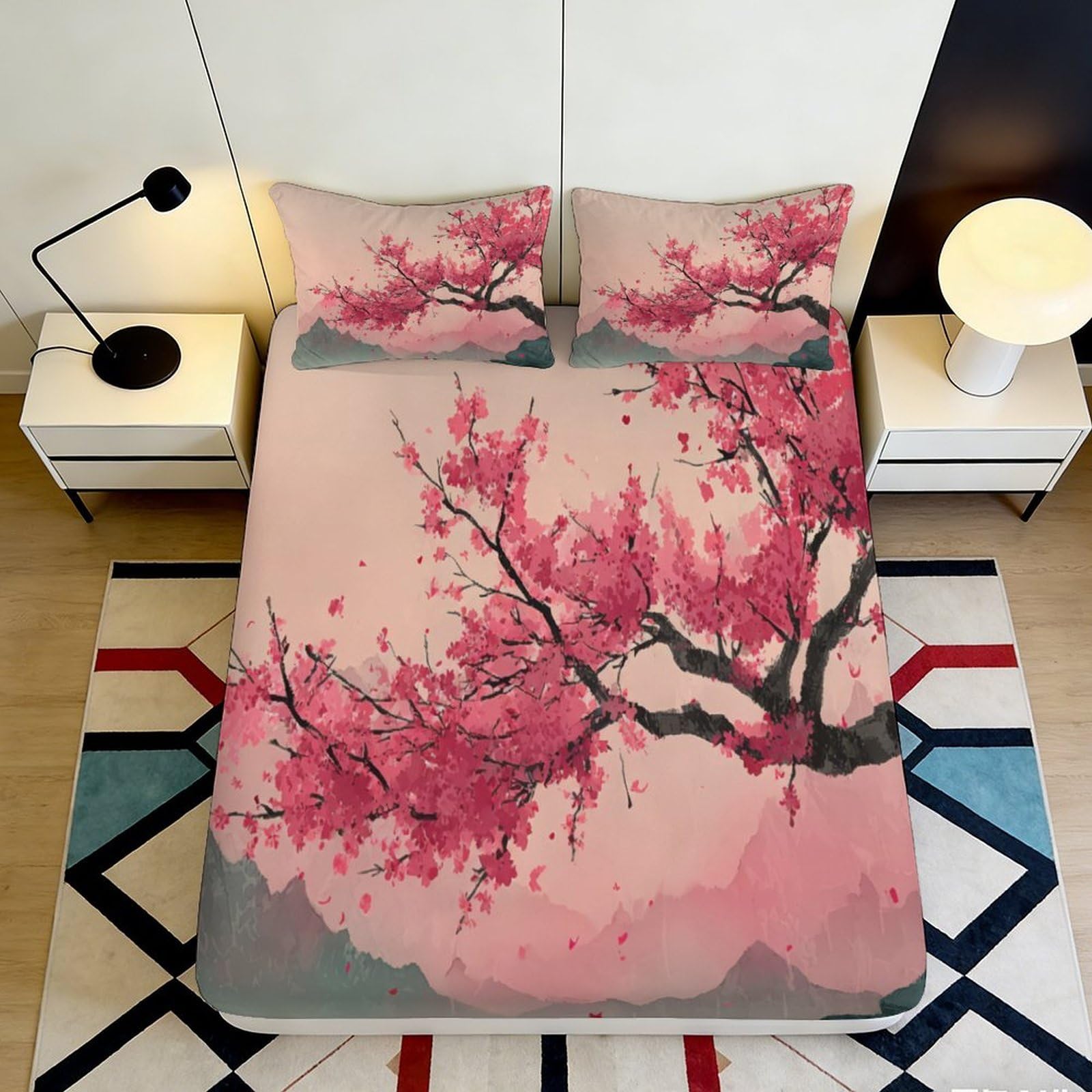 3D Printed Sakura Fitted Sheet Microfiber Deep Pocket Bedroom Bedding Sakura Mattress Fitted Cover Non-Slip Washable for Adults 200x200x25cm 90x200x25cm