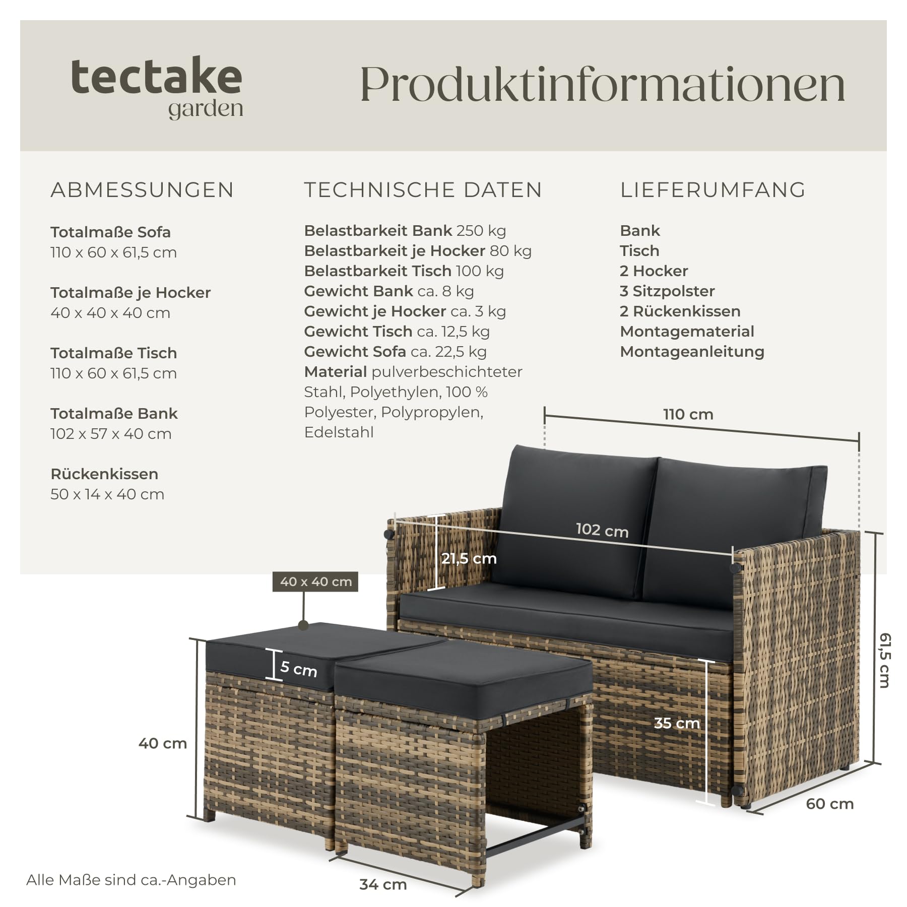tectake® 2in1 Rattanlounge für 4 Personen, Set mit Tisch mit Schraubfüßen, Tischoberfläche in Holzoptik, Polyrattan Gartenmöbel, als Gartensofa oder Sitzgruppe, Terrassenmöbel, Outdoor Lounge – Natur