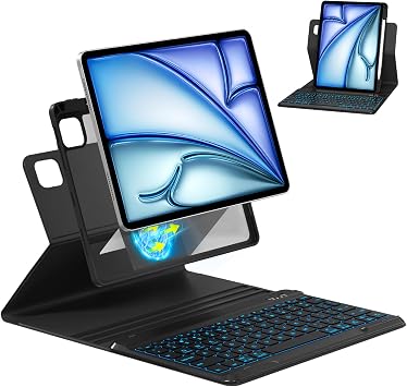 Magnetic 360 Rotatable Wireless Bluetooth Keyboard Case for iPad Air 13 M2 & Pro 12.9 6th/5th/4th/3rd Gen - 7 Colors Backlit Detachable Folio Cover Black