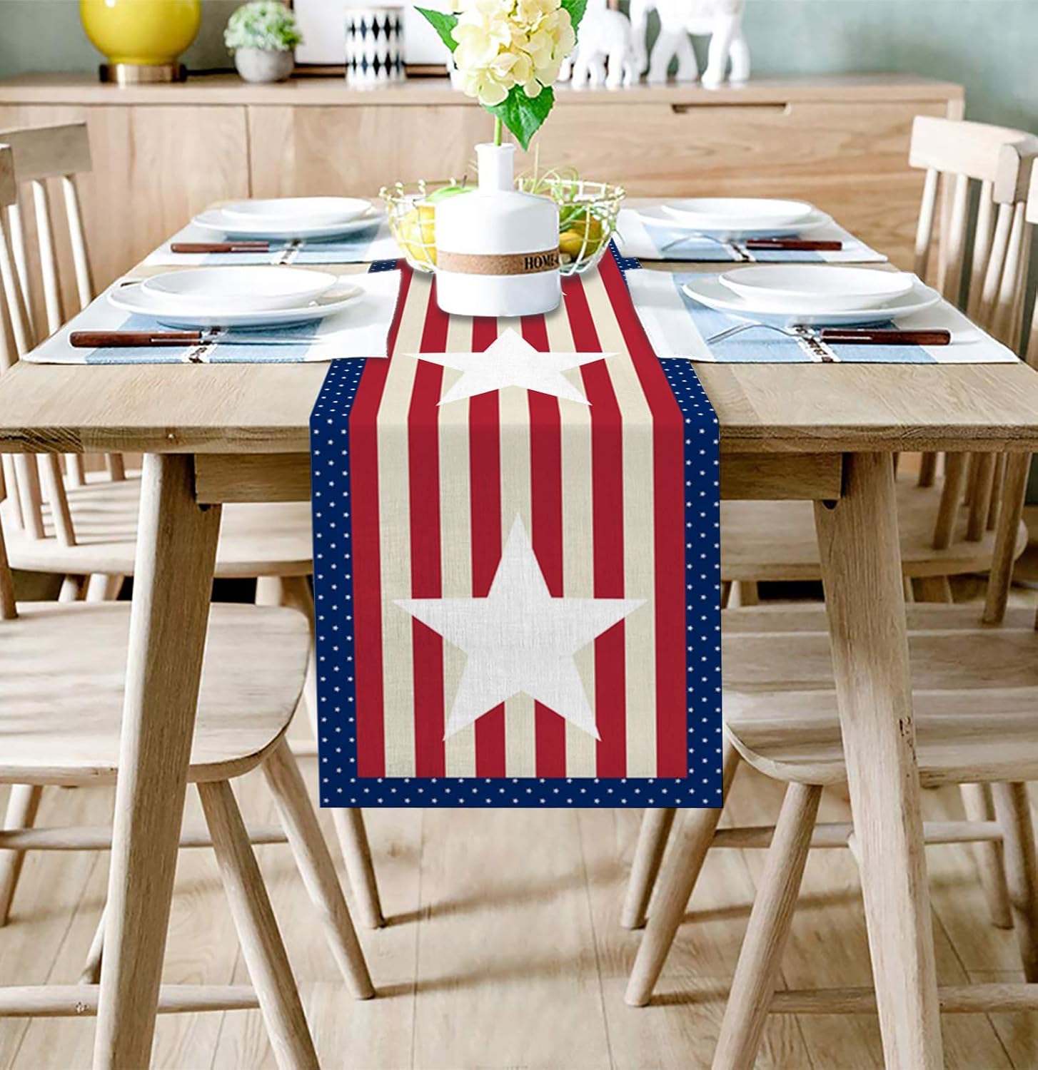 Independence Day Cotton Linen Table Runner Dresser Scarves,July 4th USA Flag Theme Stars Table Runners for Dinning Table,Red White and Blue Kitchen Holiday Dinner Decoration-13x90 Inch