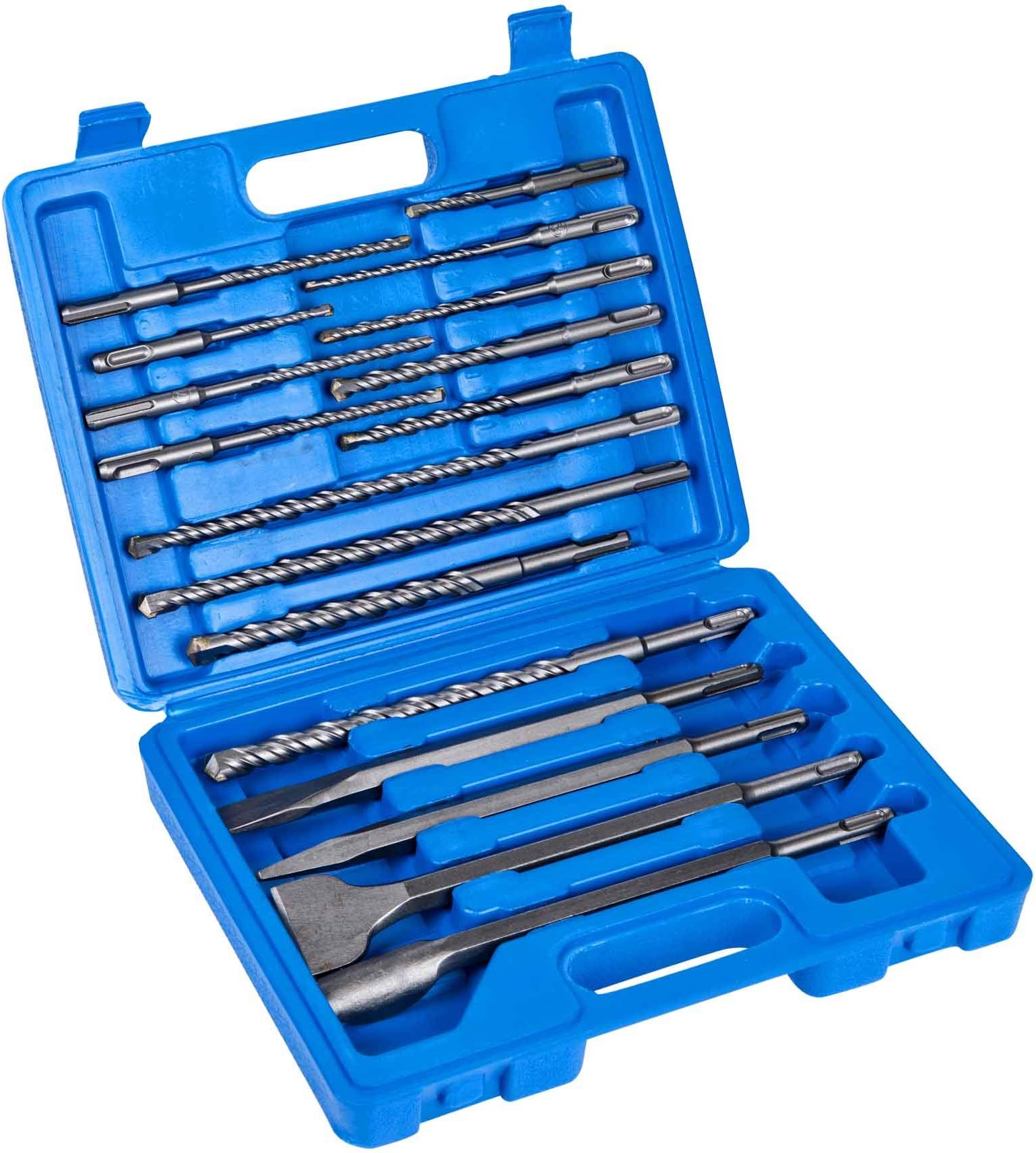 Rotary Hammer Drill Bits Set SDS Plus Bits Set Masonry Chisel Set 17pcs Drills for Impact Rotary Hammer Carbide-Tipped 4 Flutes Drill Bit for Bricks, Blocks, Stone with Storage Case