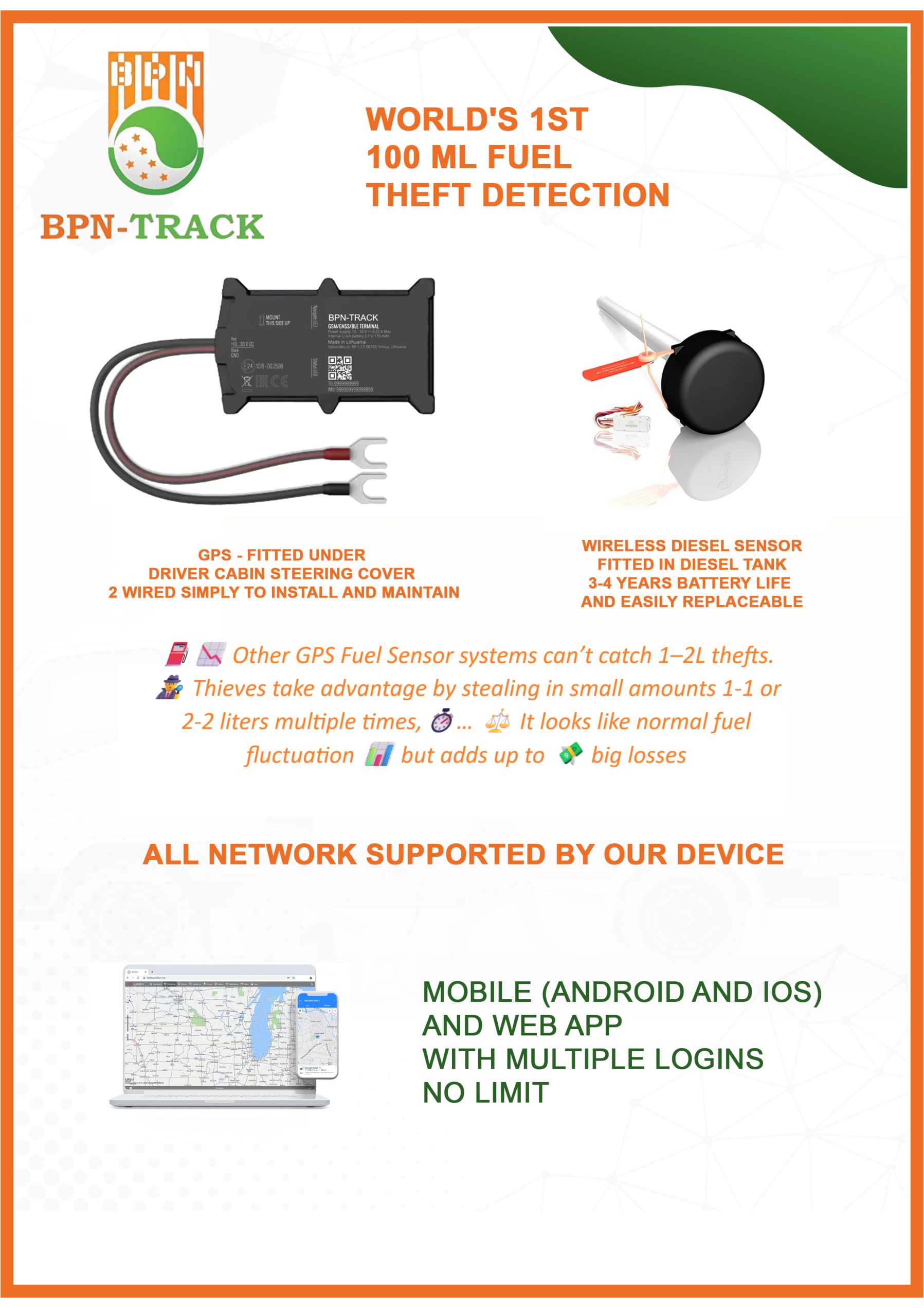 BPN-Track Fuel Monitoring GPS System- World's First 100ML Diesel Theft Detection | PAN India Service | 1 Year Airtel SIM Included | 12 Months Travel History | Android & iOS App