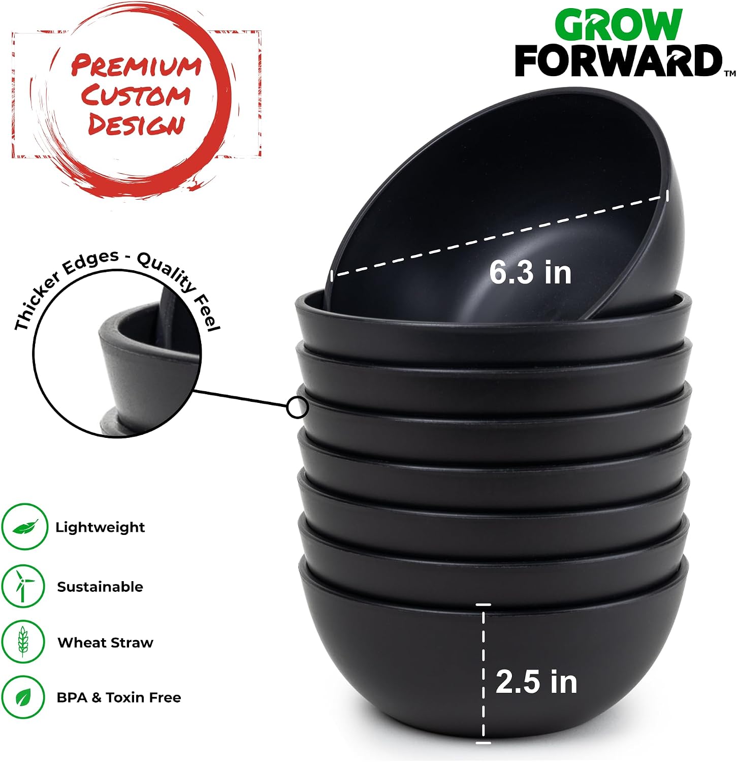 Grow Forward Premium Wheat Straw Bowls Set of 8 - Reusable 27oz Hard Plastic Cereal Bowls - Unbreakable Microwave Safe Bowls for Kitchen, Camping, RV, Dessert, Soup, Salad, Ramen - Midnight image 3