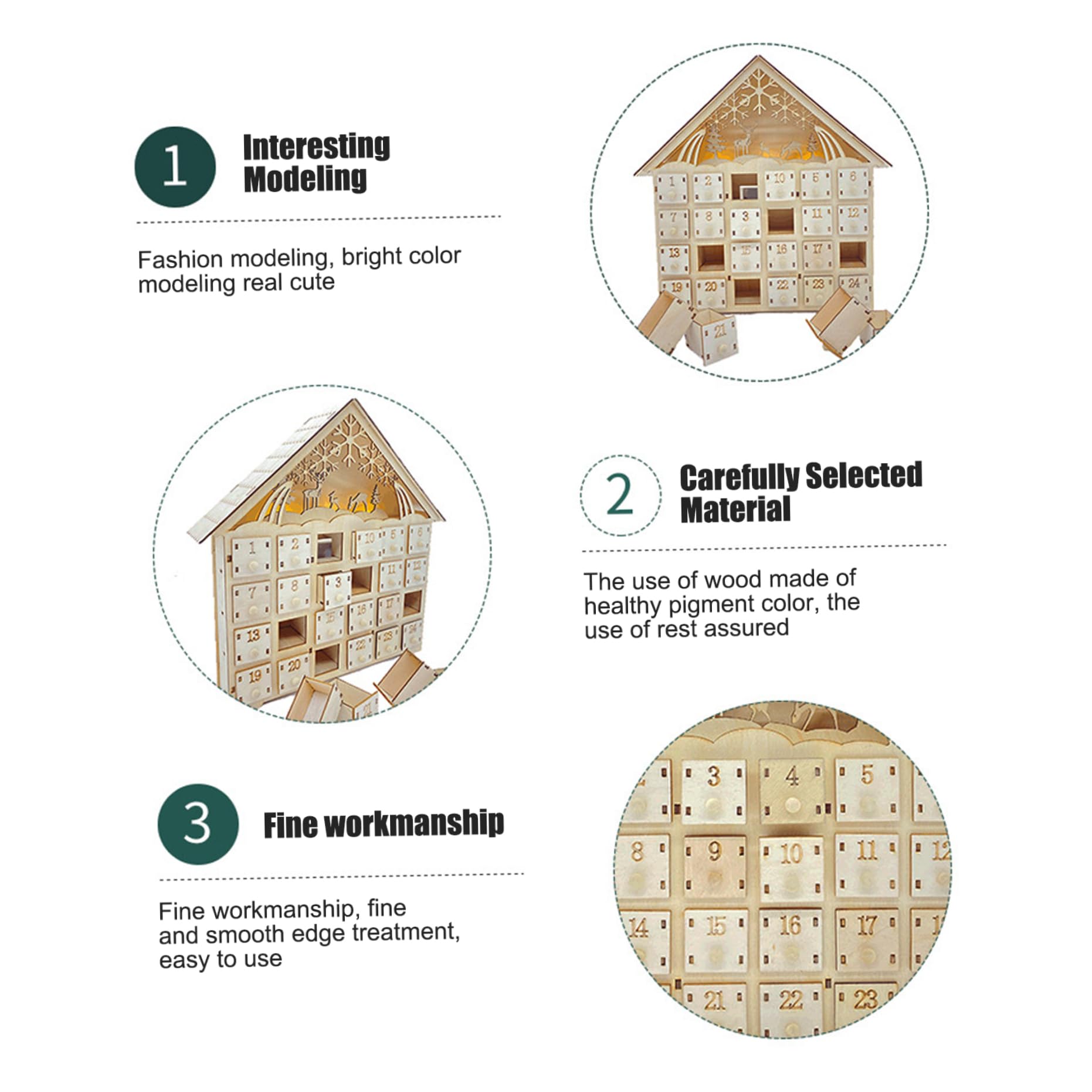 Calendario de Adviento de Madera con 24 cajones 10x3x12 Cuenta atrás vacía Calendario de Adviento navideño LED Regalos para decoración navideña (sin batería)