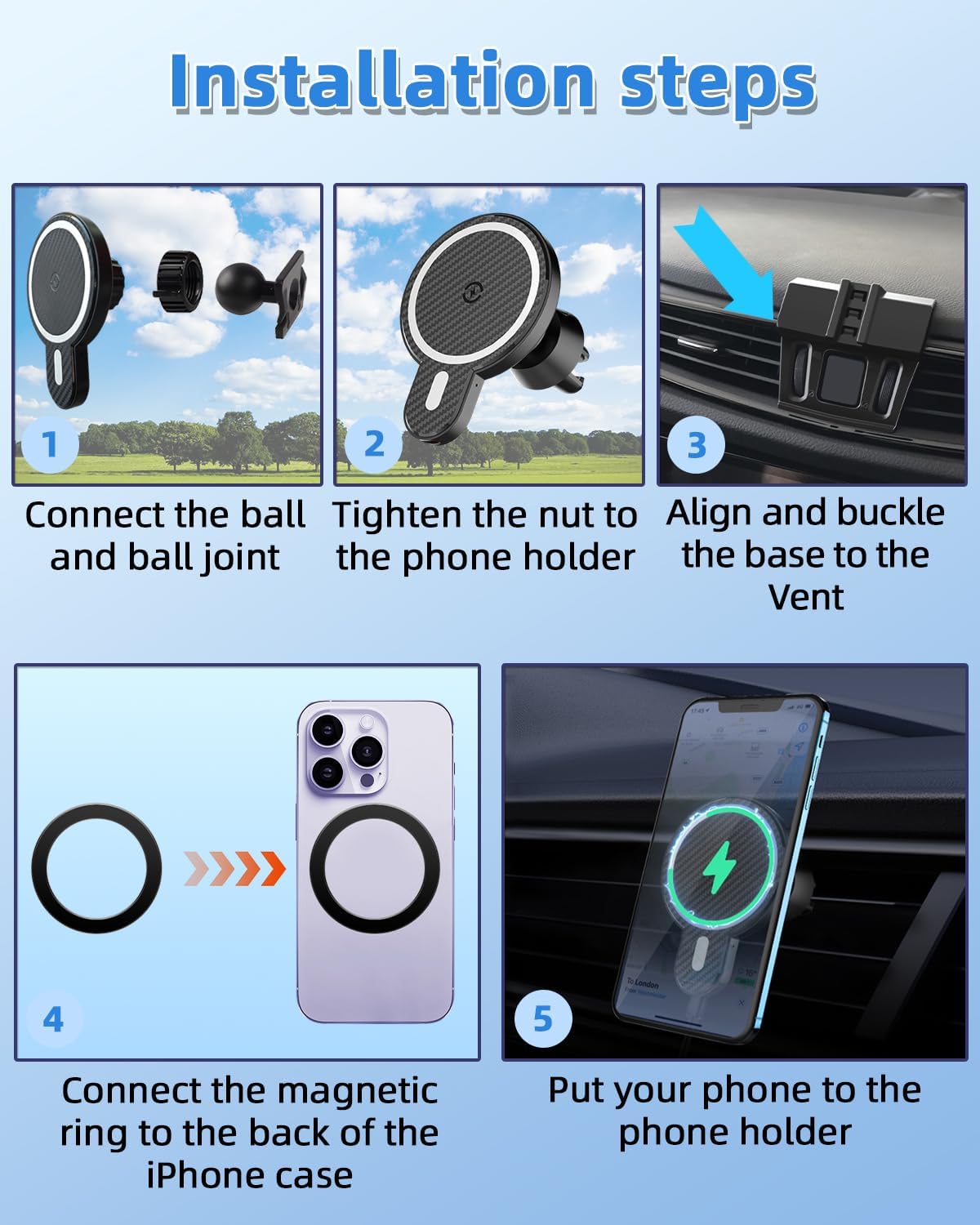 PZK Car Phone Mount for Nissan Rogue 2014-2017 2018 2019 2020 Accessories Custom Air Vent Car Phone Holder Magnetic 15W Fast Wireless Charger Hands Free 360° Rotation Cell Phone Automobile Cradles
