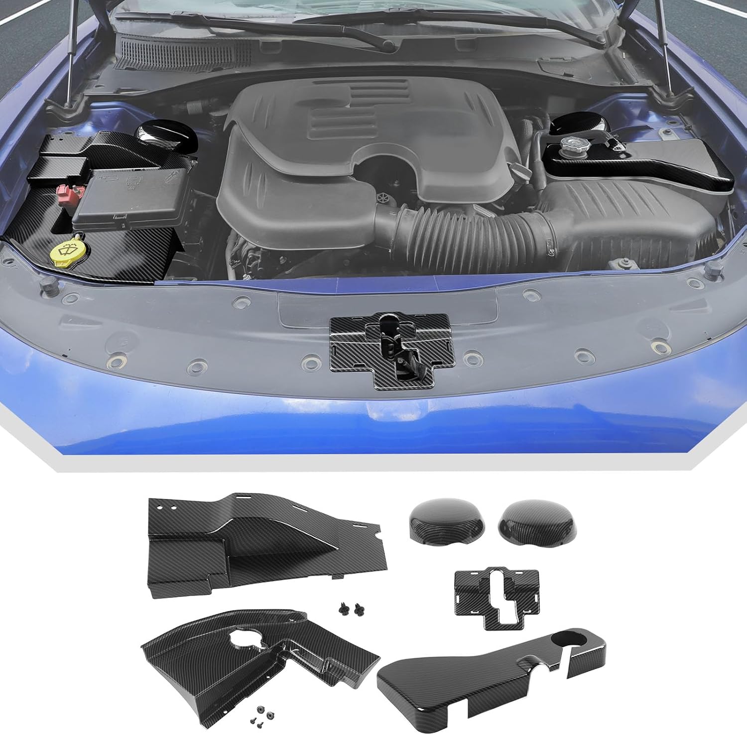 JeCar 6pcs Carbon Fiber Hood Engine Bay Cover Trim Kit for 2011-2023 Dodge Charger Coolant Windshield Washer Cover Wire Dust Cover