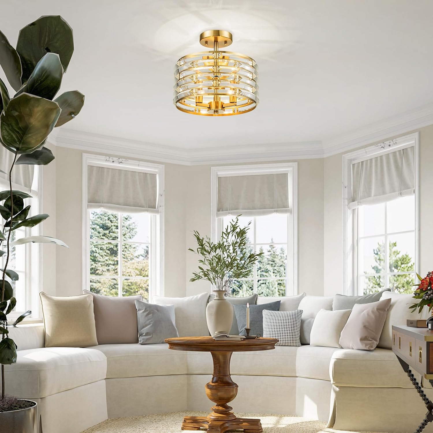 3-Lights Modern K9 Crystal Ceiling Light for Living Room, Foyer, Bedroom, Close to Ceiling Semi-Flushmount Light Fixture, Brass Finish Frame