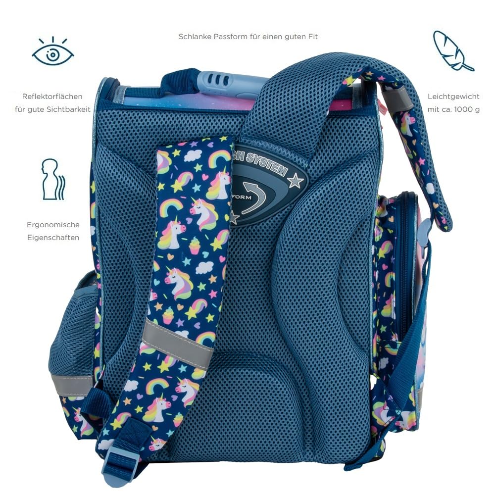 Familando - Schulranzen Set - 8-teilig mit Federmappe - Einhorn Regenbogen - Ergonomisch, stabil & mit gepolstertem Rücken - 1010g leicht - 18L Volumen - Mit Reflektoren - Für Grundschule ab 1. Klasse