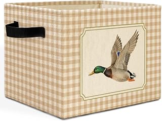 Mallard Duck Checkered Nursery Storage Bins Box with Handles, Beige White Plaid Flying Mallard Laundry Basket Hamper Collapsible Clothes Toys Organizer for Boys Kids Room Bathroom