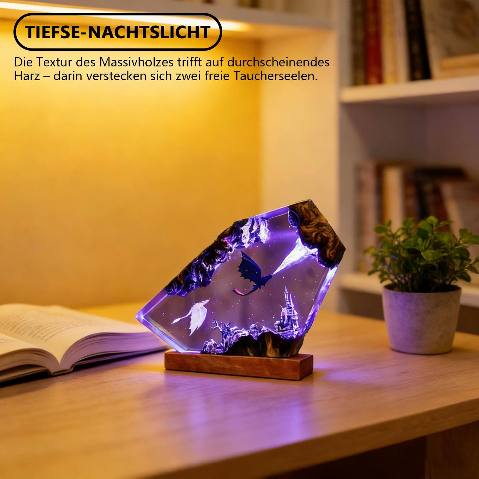 3D Ozean Epoxidharz Nachtlicht,Harz-Ozean-Lampe,Ornamente mit Holzsockel,Dinosaurier, der Feuer speit,Nachttischlampe Schlafzimmerlampe mit USB-Kabel für Meeresliebhaber (Violettes Licht)