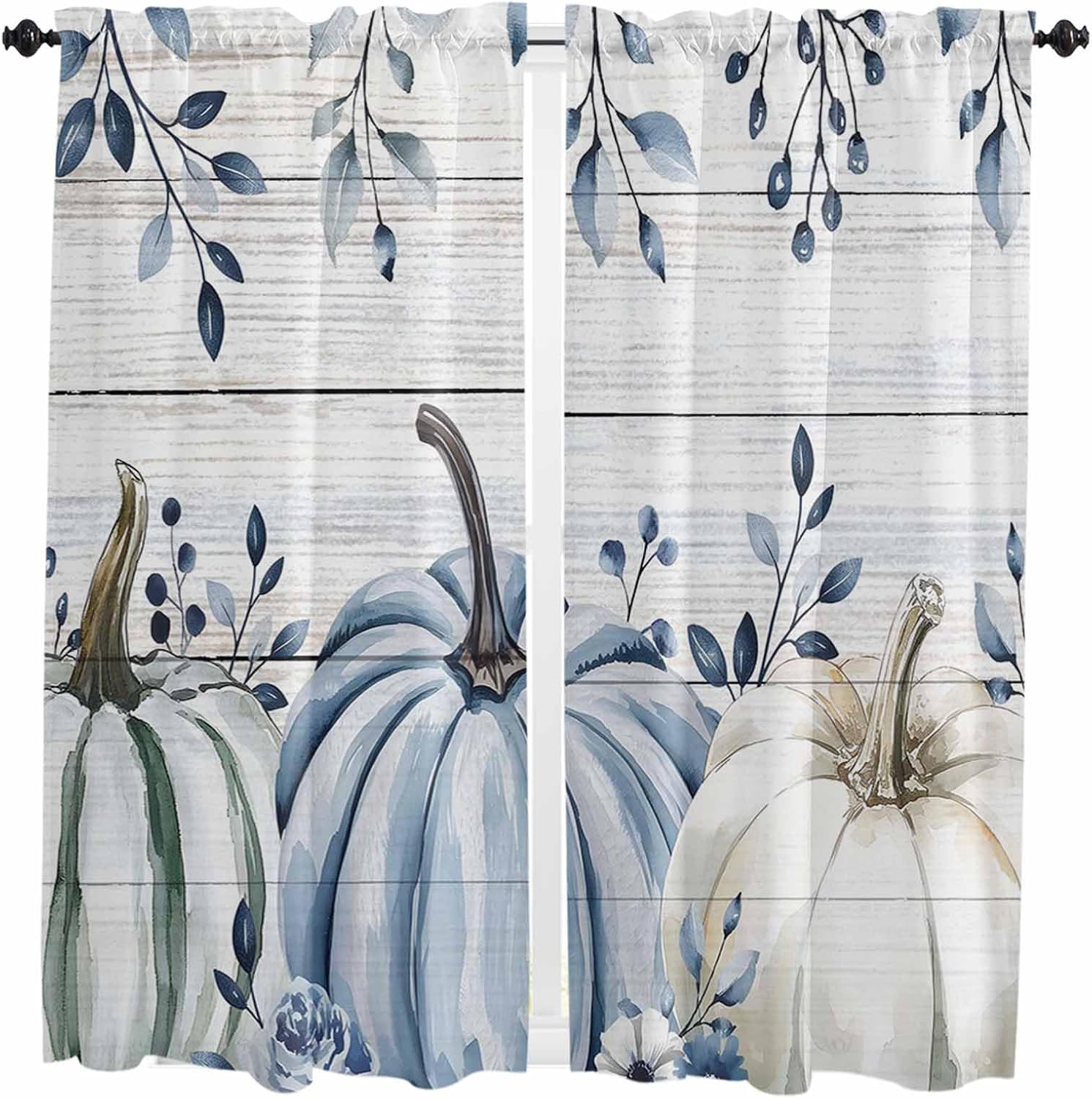 Navy Blue Pumpkin Fall Kitchen Curtains, Thanksgiving Botanical Wooden Pumpkin Light Filtering Window Curtain, 2Pcs Rod Pocket Window Treatments Set for Living Room Bathroom Bedroom 52x72 Inches