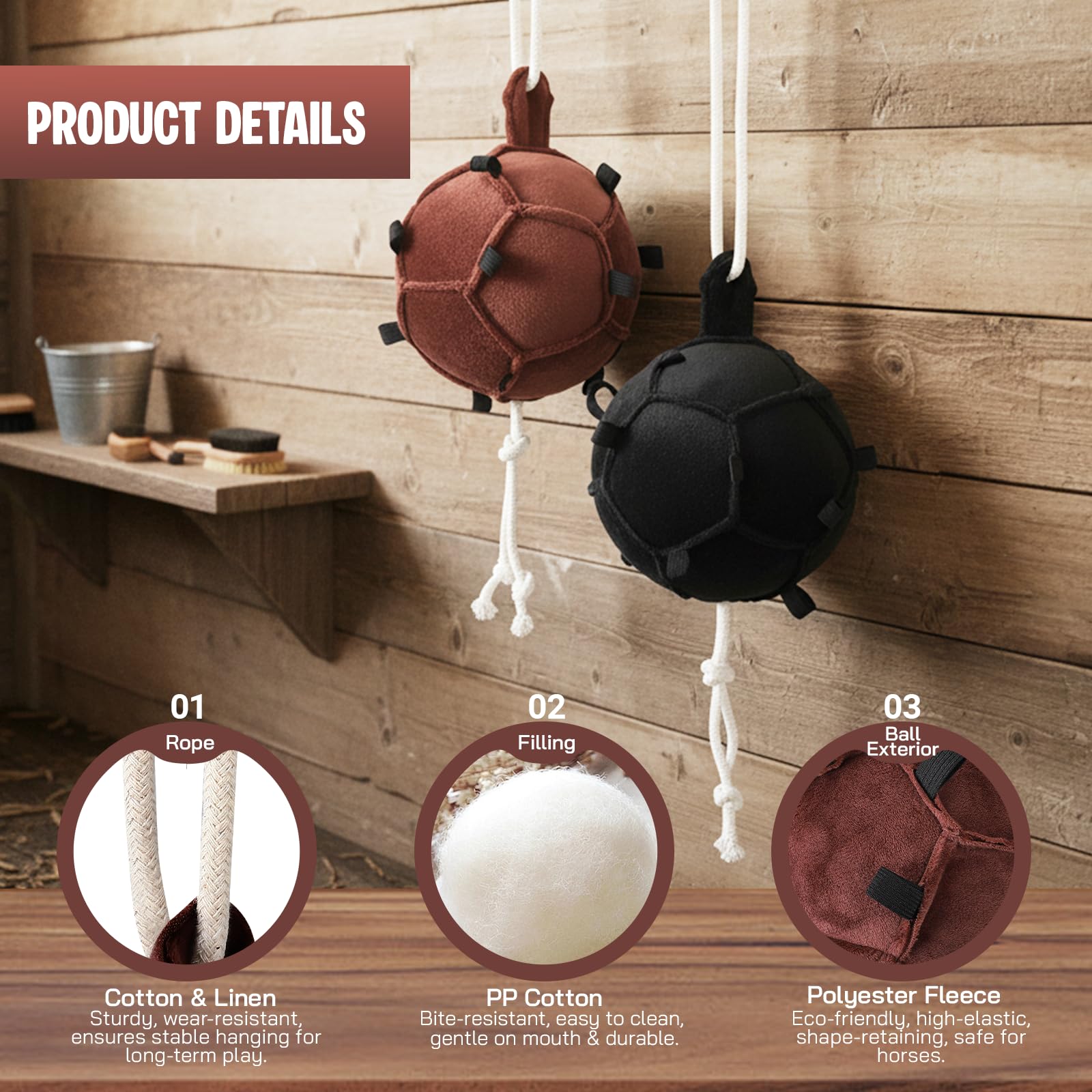 Lot de 2 jouets pour chevaux, noir et marron, boules d'alimentation de carotte, pendentif boule d'alimentation lente, balle de récompense pour chevaux, bétail, mouton, anti-stress