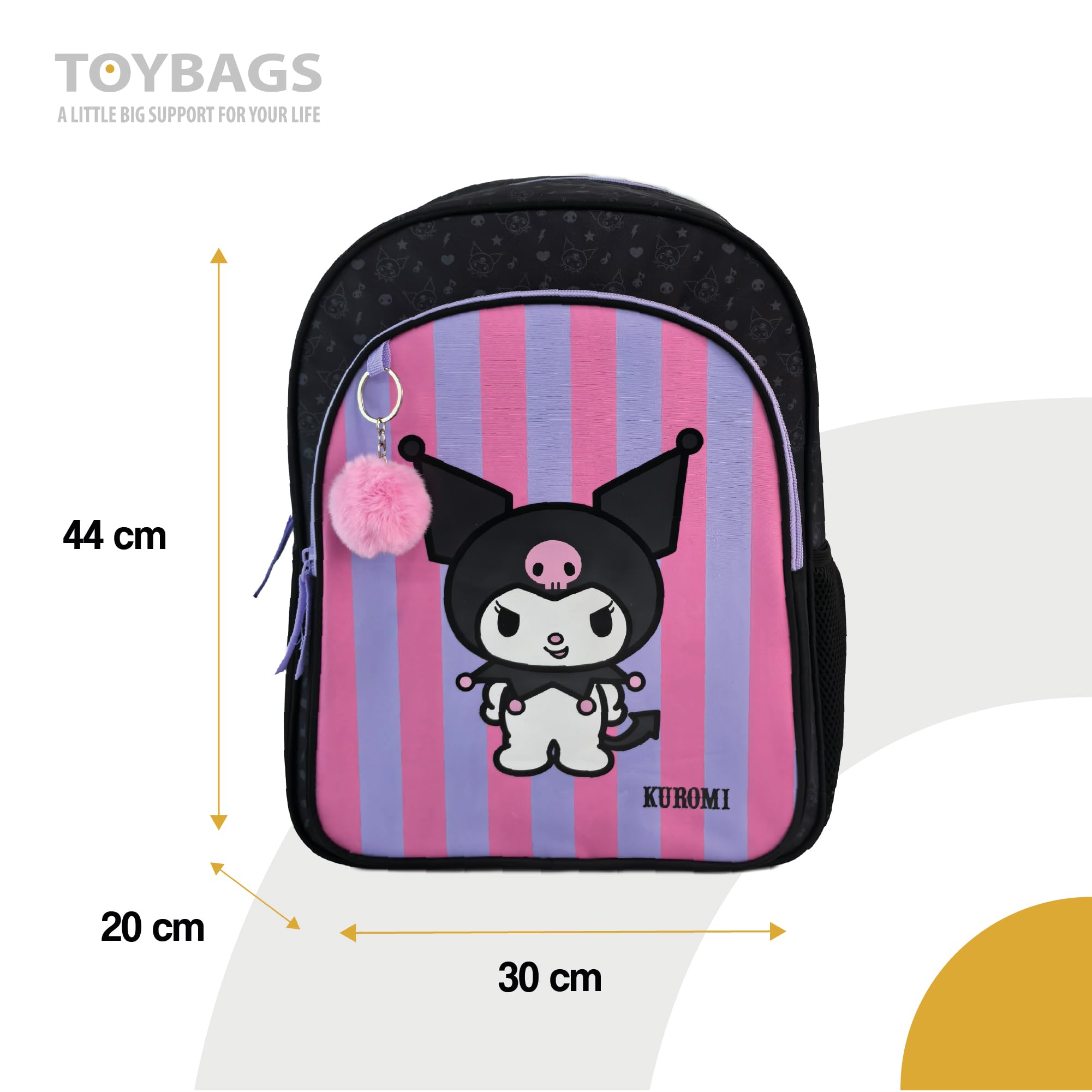 TOYBAGS Mochila Escolar Kuromi - Doble Compartimento - CON ACCESORIO POM-POM ADAPTABLE A CARRO - Compartimento portalaptop - Espaldera acolchada - 44 X 30 X 20 CM