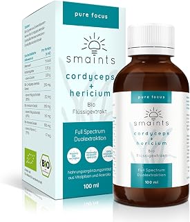smaints Bio Cordyceps & Hericium Flüssigextrakt | Bio-Vitalpilz-Dualextrakt mit über 67% Polysacchariden | Hochdosiert für optimale Bioverfügbarkeit | Perfekt für Mushroom Coffee am Morgen