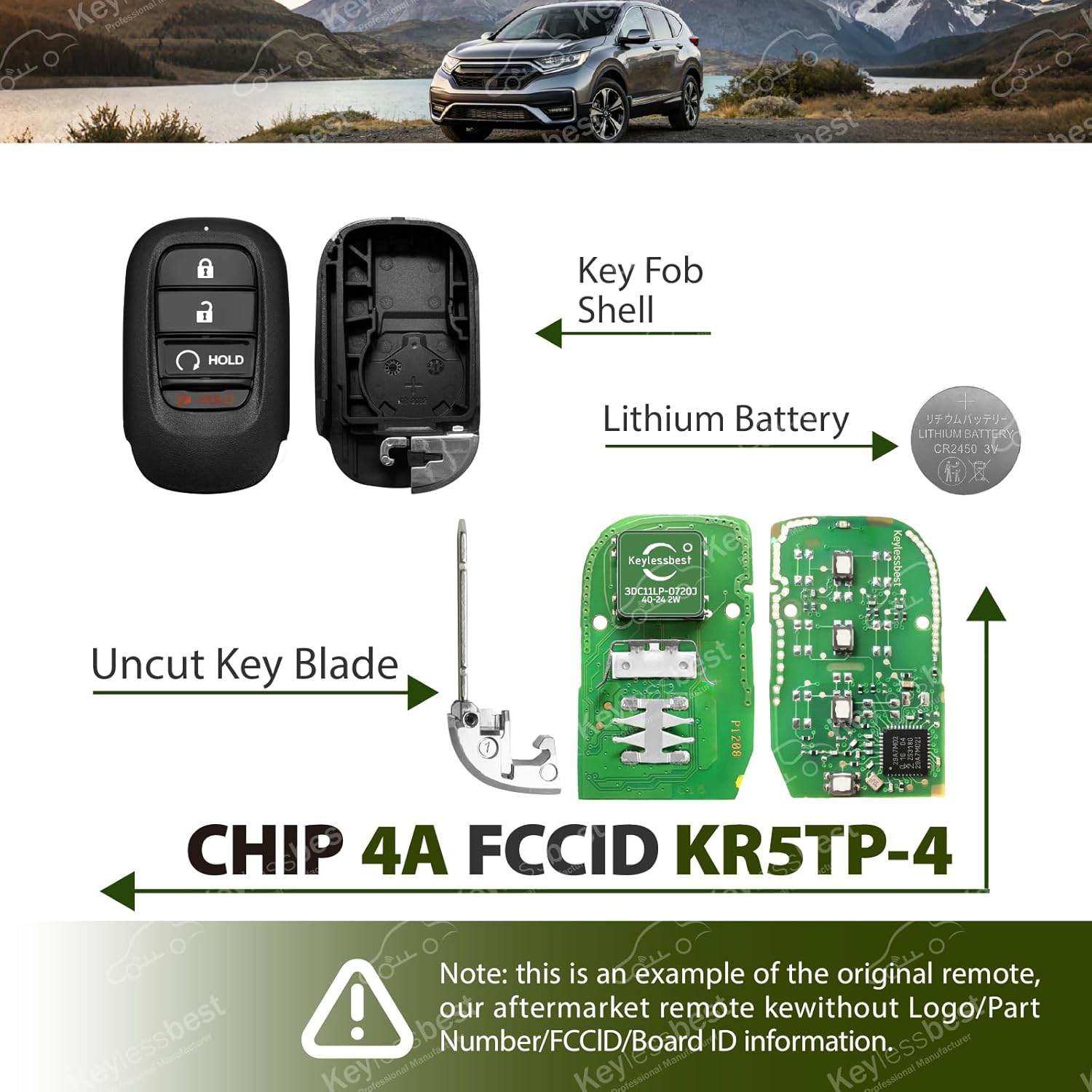 Replacement for 2023 2024 2025 Honda CR-V Hybrid HR-V Pilot Key Fob Remote Control KR5TP-4 4 Buttons 434MHz