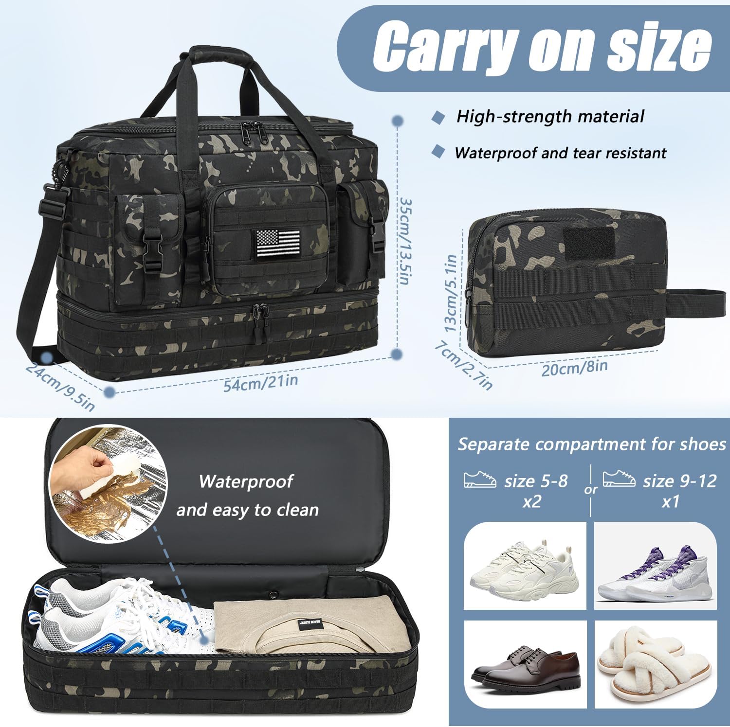 Travel Bag for Men Women, Large Tactical Duffle & Gym Bag for Travel, with Shoe Compartment and Toiletry Bag, Weekender Overnight Trip with Wet Pocket for Workout Medical, Black CM - Image 2